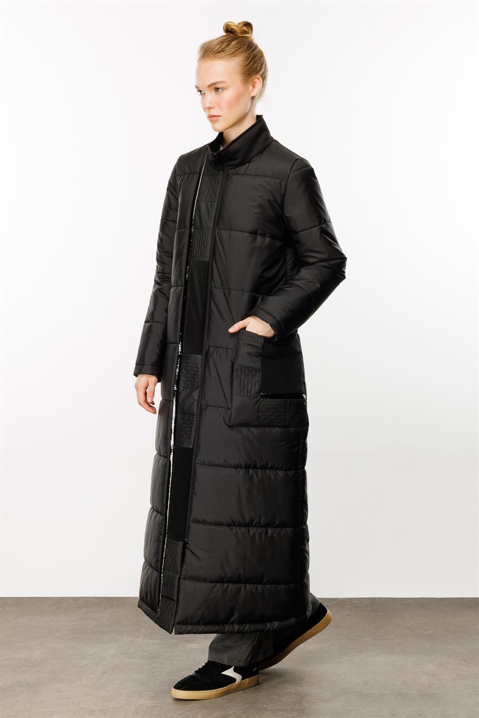 Patchwork Coat with Different Fabric Combinations and Fiber Filling - Black
