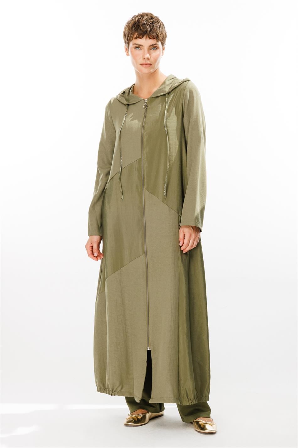 PERCHE İncə İpək Teksturalı İşıq Qapağı Abaya-Xaki