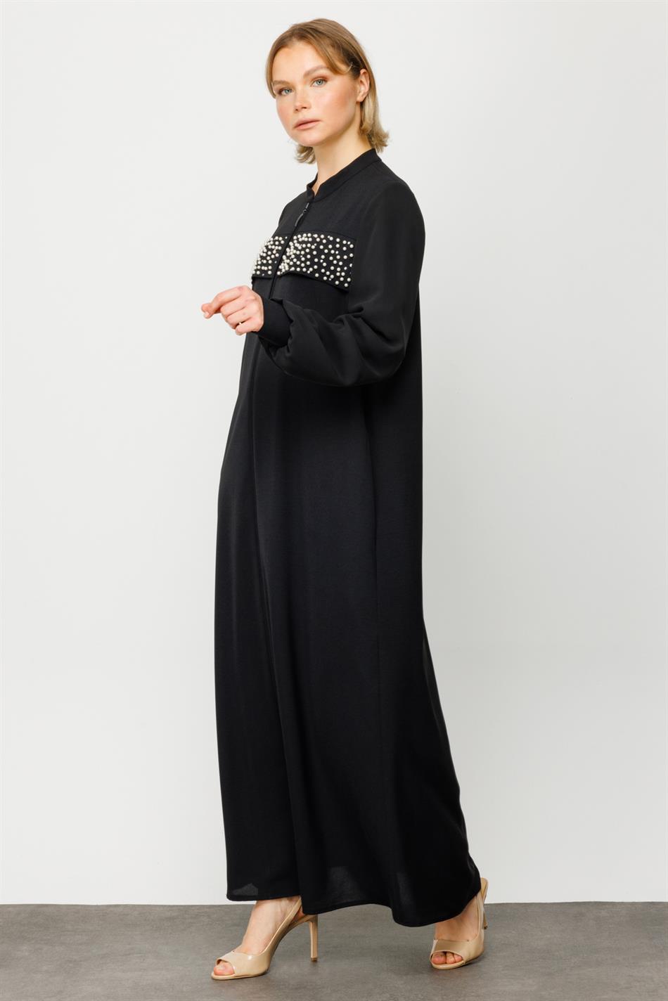 Perla Ferace Zor Kırışan Nefes Alan Dokuma Kumaş Özel Aksesuarlı Tam Boy Kap-Siyah