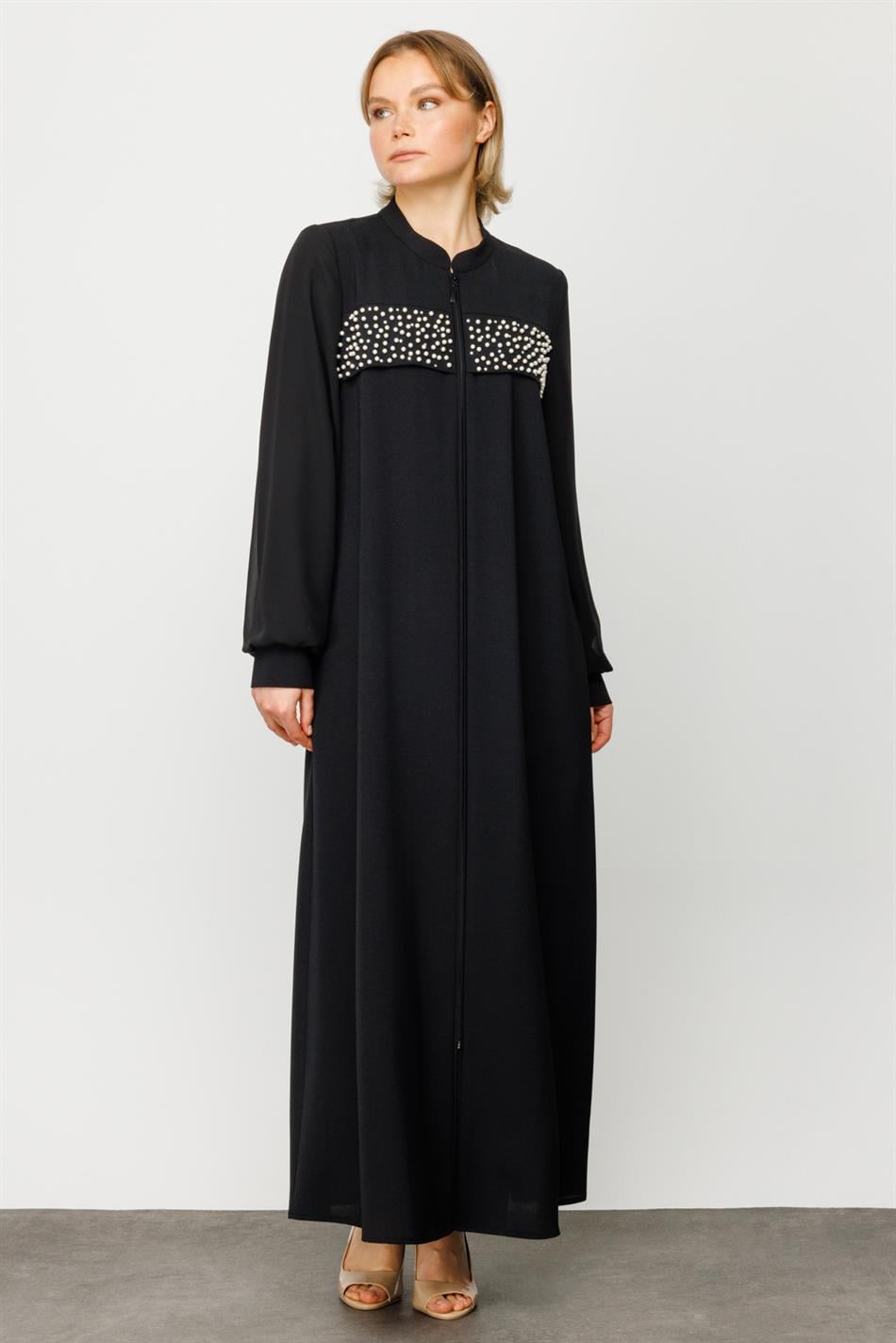 Perla Ferace Zor Kırışan Nefes Alan Dokuma Kumaş Özel Aksesuarlı Tam Boy Kap-Siyah