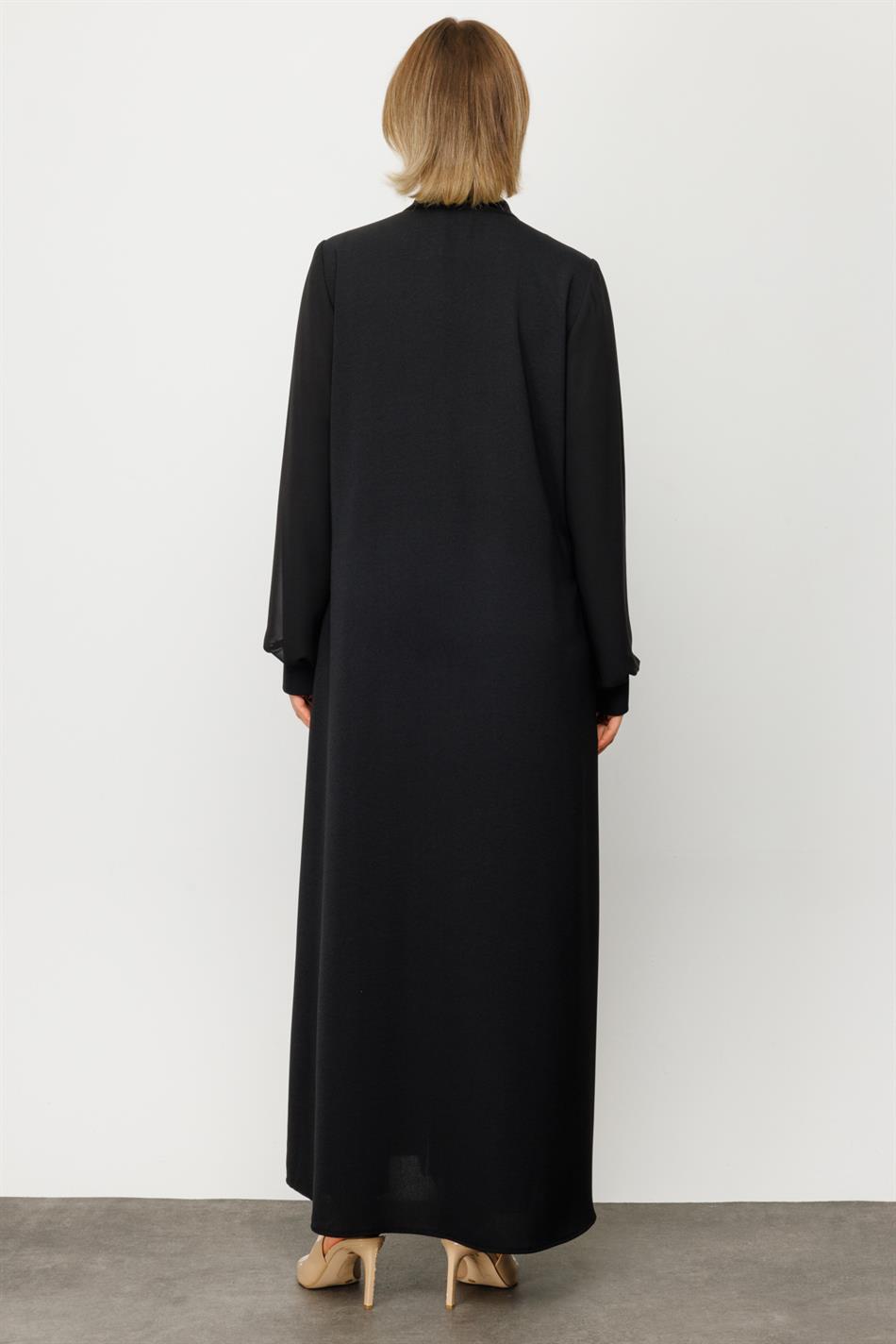 Perla Ferace Zor Kırışan Nefes Alan Dokuma Kumaş Özel Aksesuarlı Tam Boy Kap-Siyah