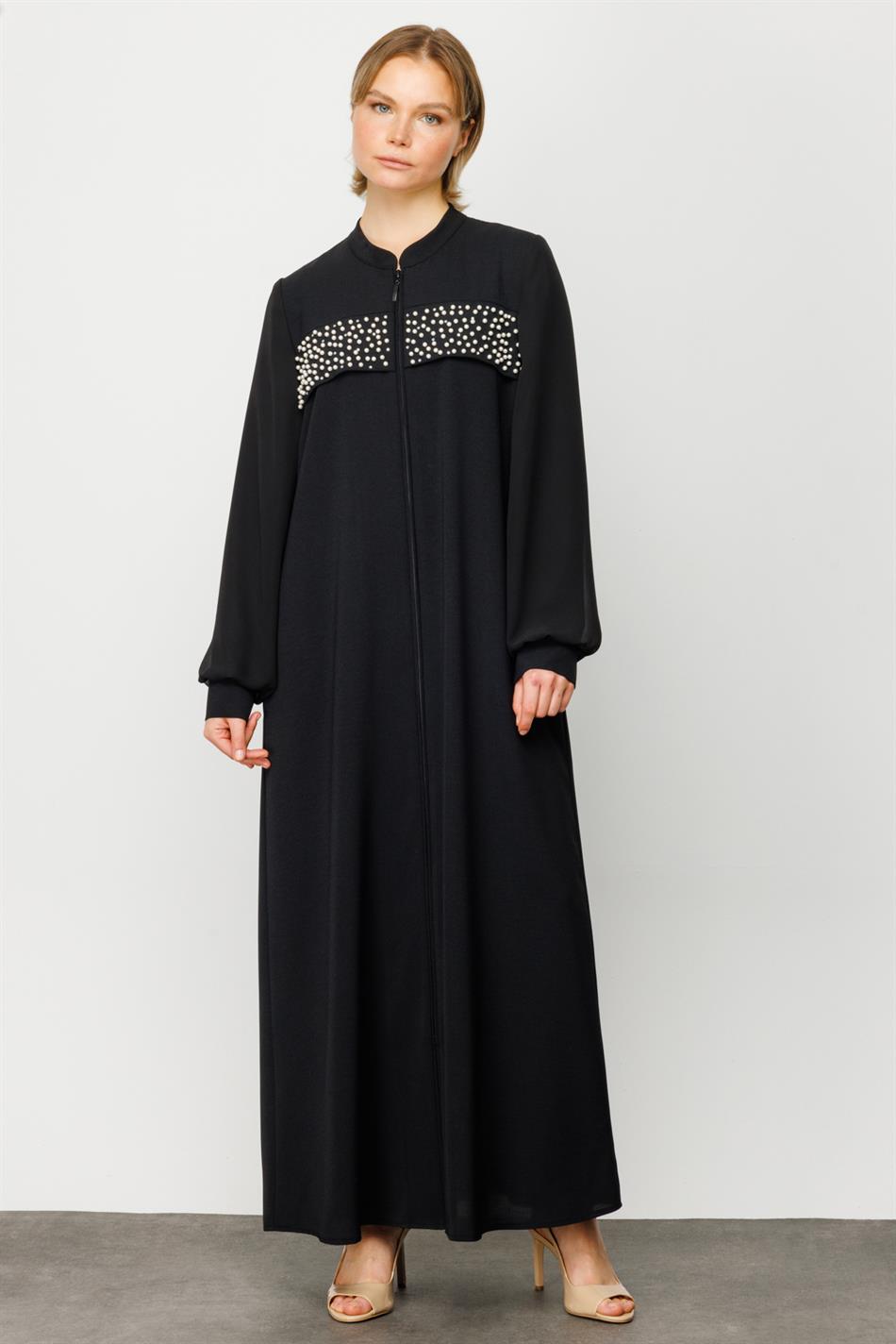 Perla Ferace Zor Kırışan Nefes Alan Dokuma Kumaş Özel Aksesuarlı Tam Boy Kap-Siyah