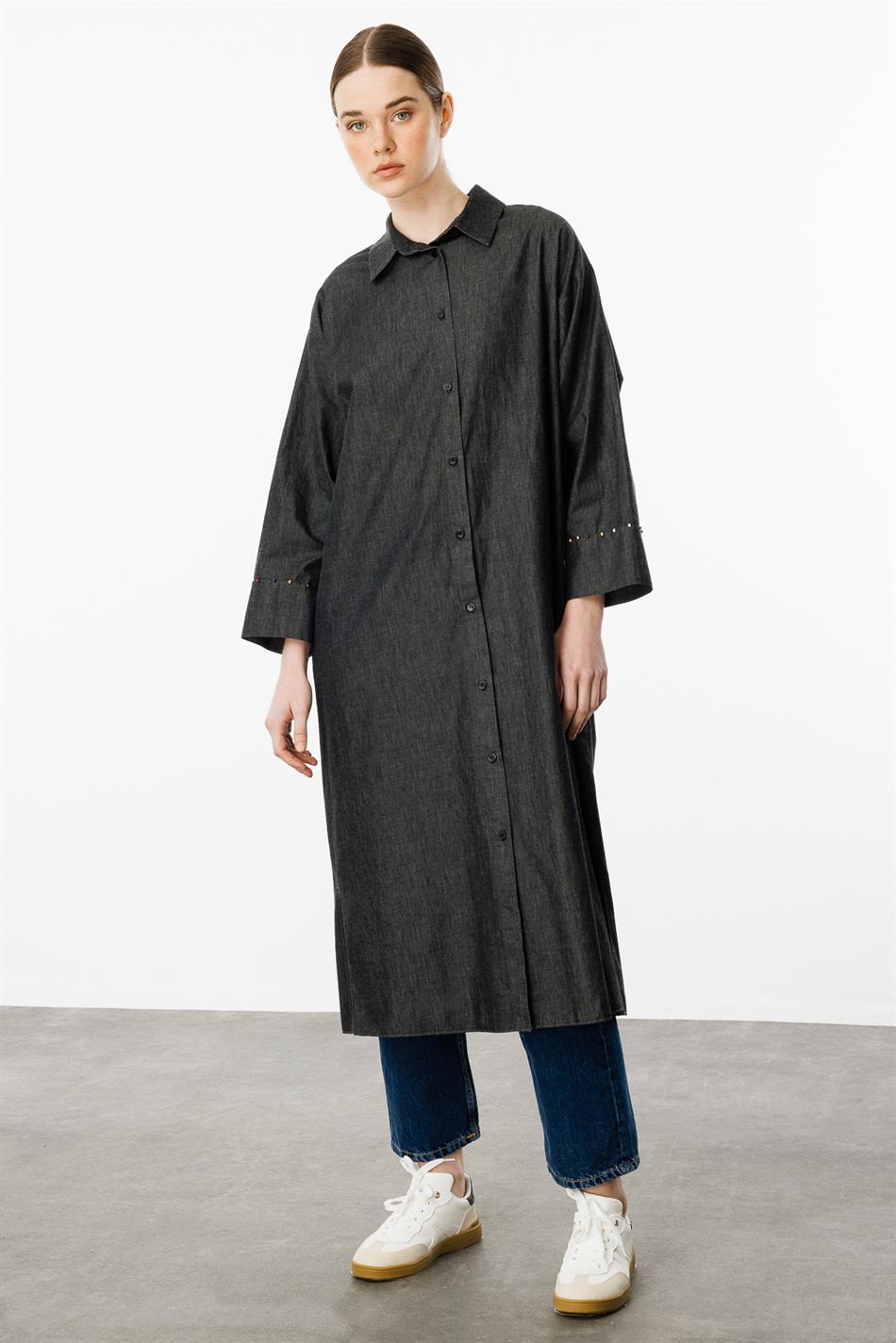 Perlina bestickter Sportmantel aus dünnem Denim, 100 % Baumwolle, Abaya – Schwarz