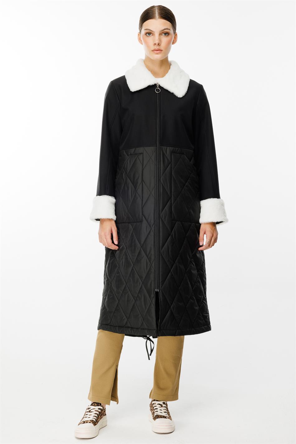 Polar Astarlı Üst Beden Soft suni Kürk Detaylı ve Dolgulu Kapitone Alt Beden Trench Kaban-Siyah