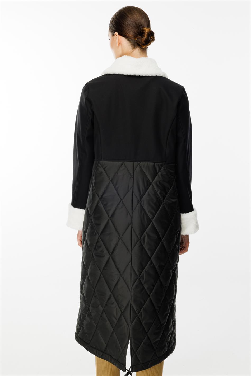 Polar Astarlı Üst Beden Soft suni Kürk Detaylı ve Dolgulu Kapitone Alt Beden Trench Kaban-Siyah