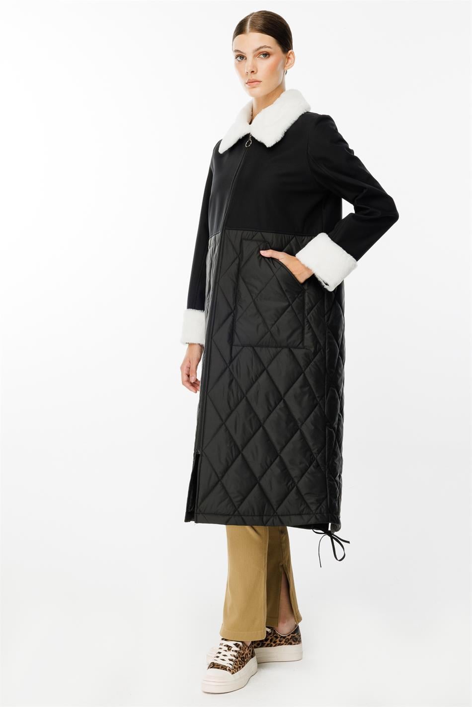 Polar Astarlı Üst Beden Soft suni Kürk Detaylı ve Dolgulu Kapitone Alt Beden Trench Kaban-Siyah