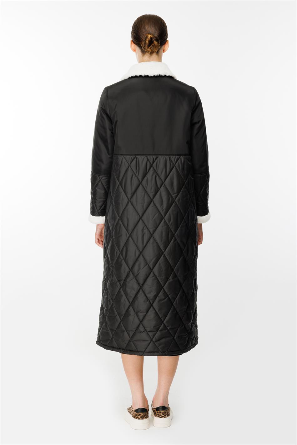 Polar Astarlı Üst Beden Soft suni Kürk Detaylı ve Dolgulu Kapitone Alt Beden Trench Kaban-Siyah