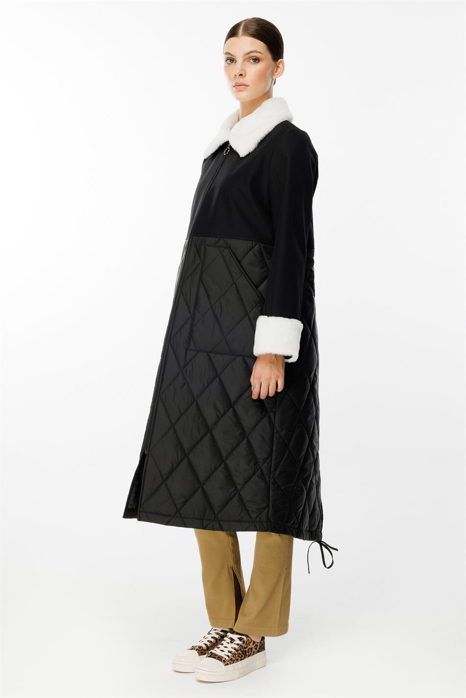 Polar Astarlı Üst Beden Soft suni Kürk Detaylı ve Dolgulu Kapitone Alt Beden Trench Kaban-Siyah