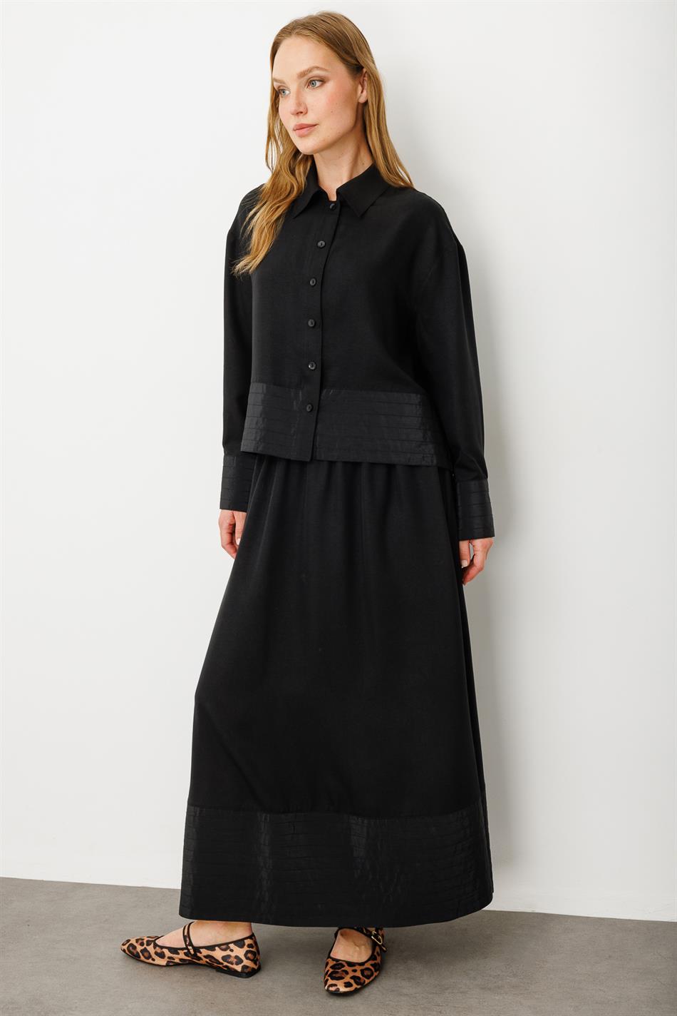 Seidenrock- und Jackenset mit Ziernähten aus Poly-Cupra-Seide – Schwarz