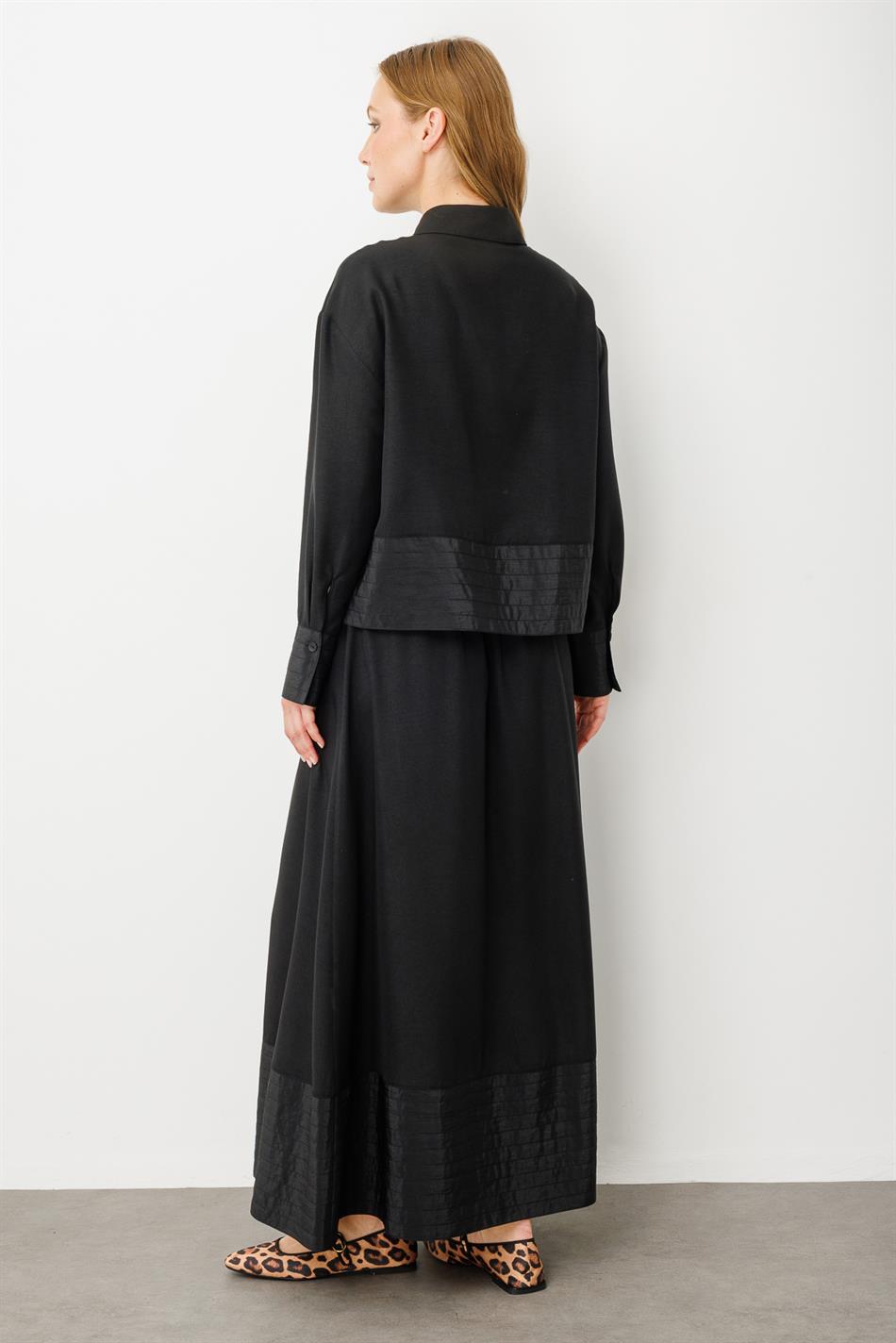 Seidenrock- und Jackenset mit Ziernähten aus Poly-Cupra-Seide – Schwarz