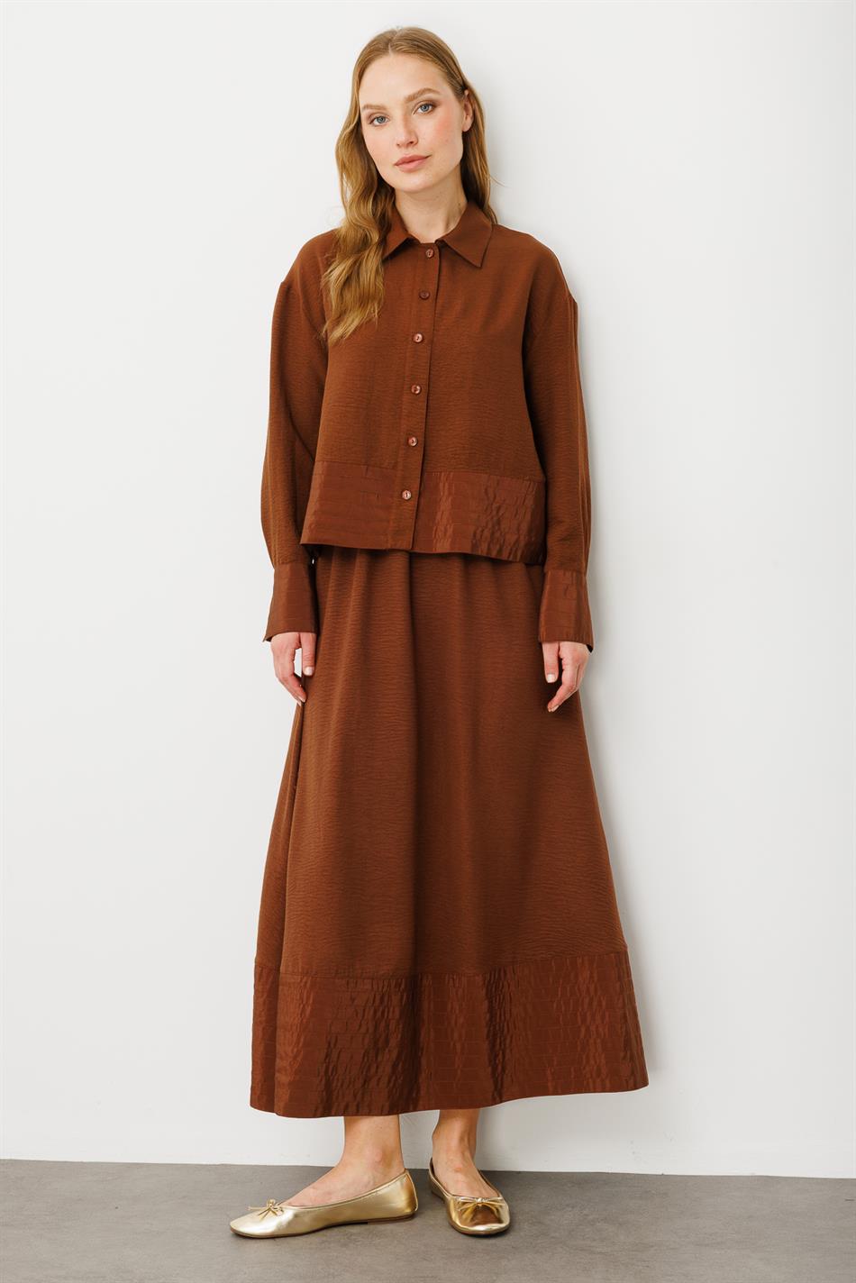 Poly cupra Dikiş Detatlı İpekçe Etek Ceket Kombin Takım-Kahve