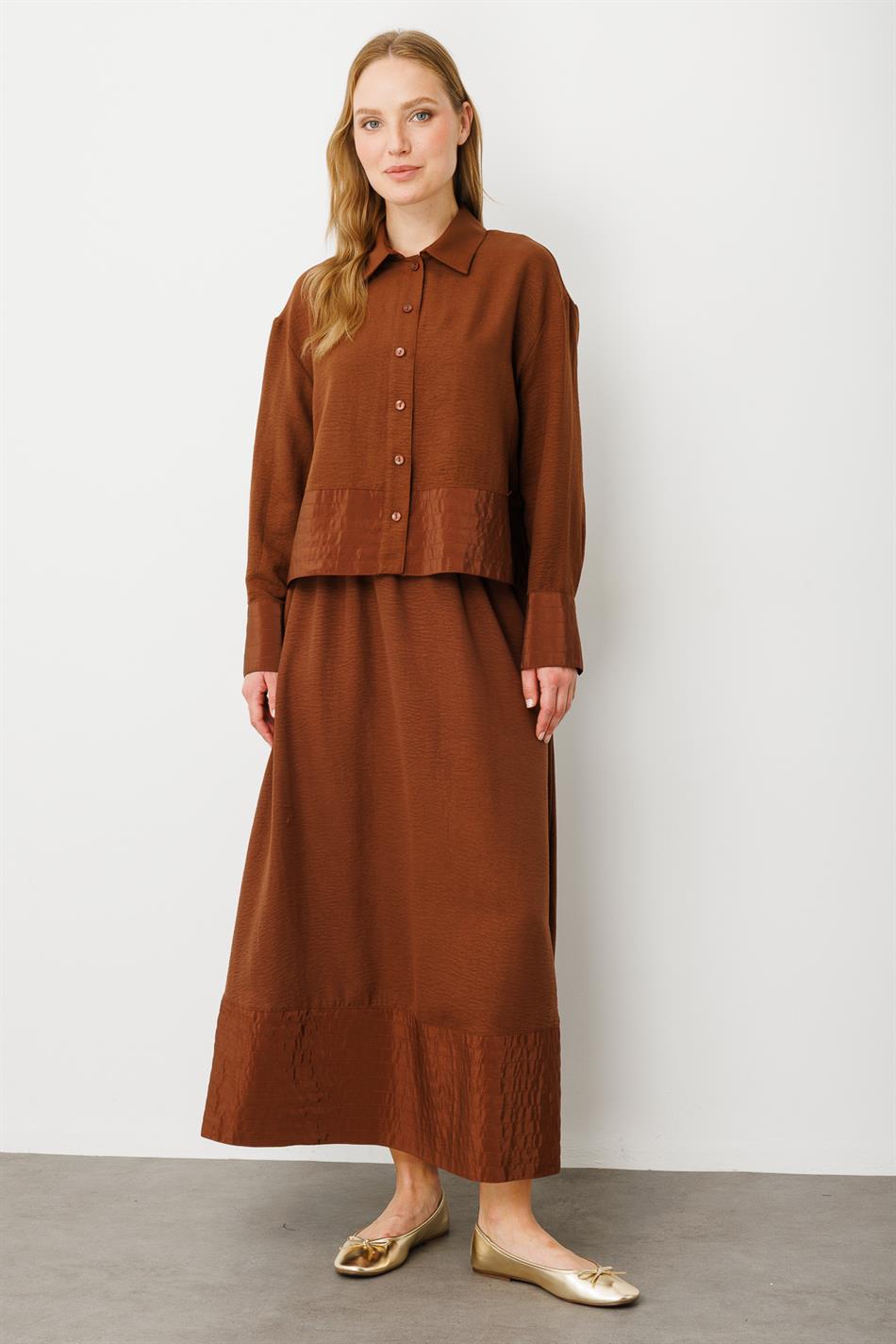 Poly cupra Dikiş Detatlı İpekçe Etek Ceket Kombin Takım-Kahve