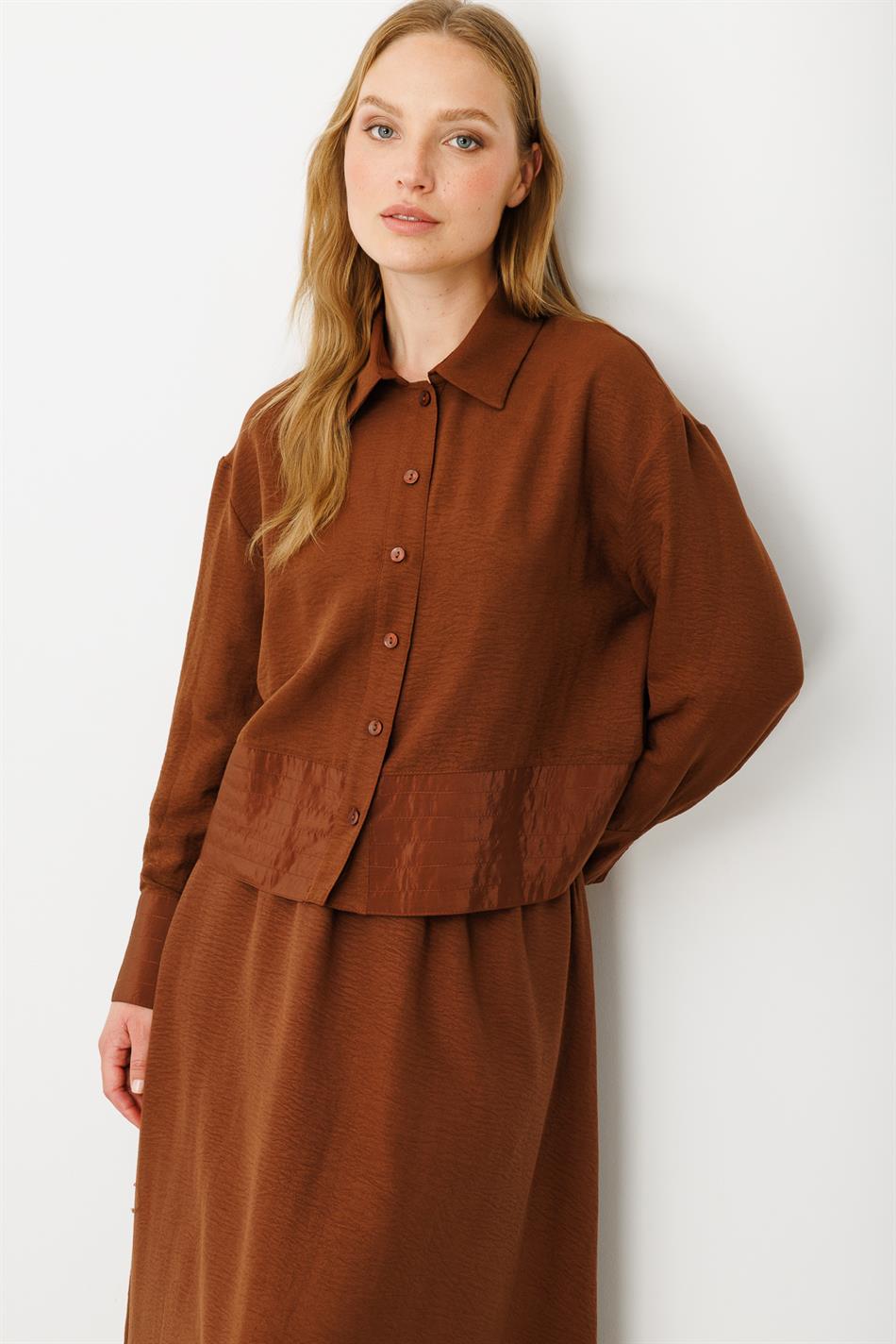 Poly cupra Dikiş Detatlı İpekçe Etek Ceket Kombin Takım-Kahve