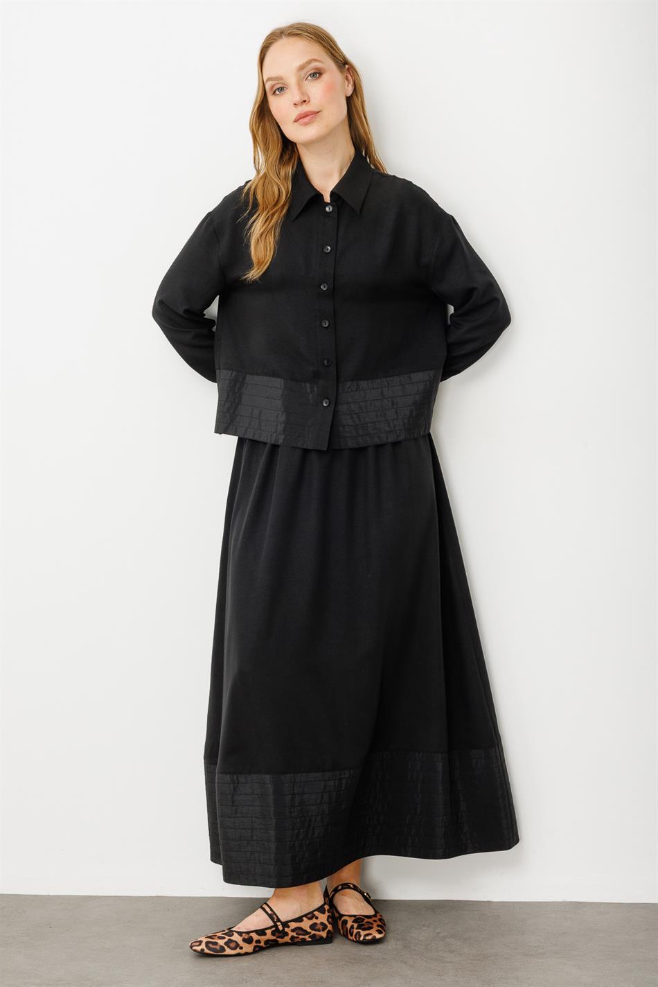 Seidenrock- und Jackenset mit Ziernähten aus Poly-Cupra-Seide – Schwarz