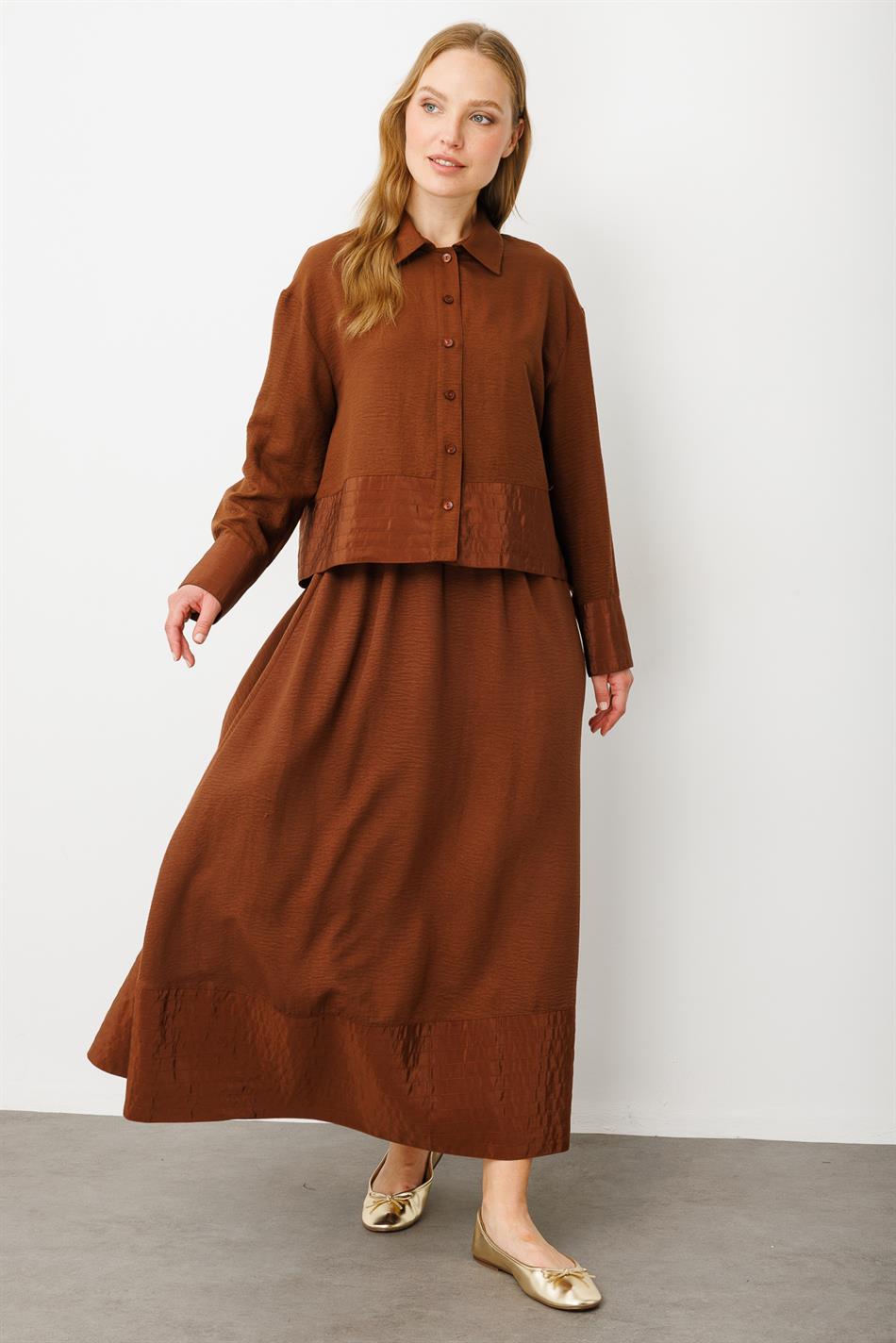 Poly cupra Dikiş Detatlı İpekçe Etek Ceket Kombin Takım-Kahve