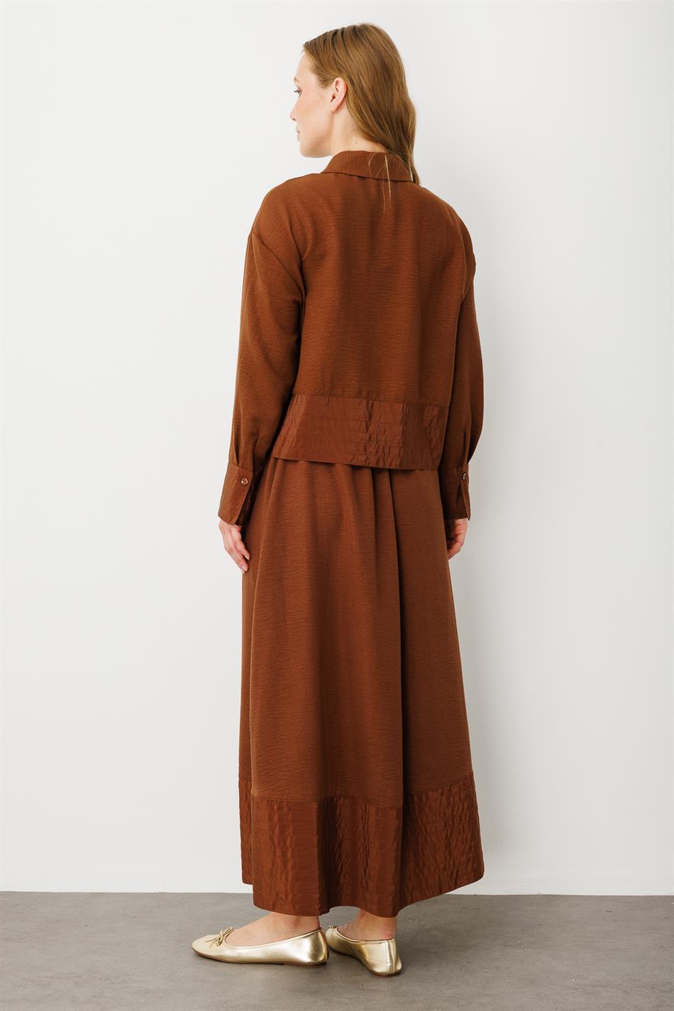 Poly cupra Dikiş Detatlı İpekçe Etek Ceket Kombin Takım-Kahve