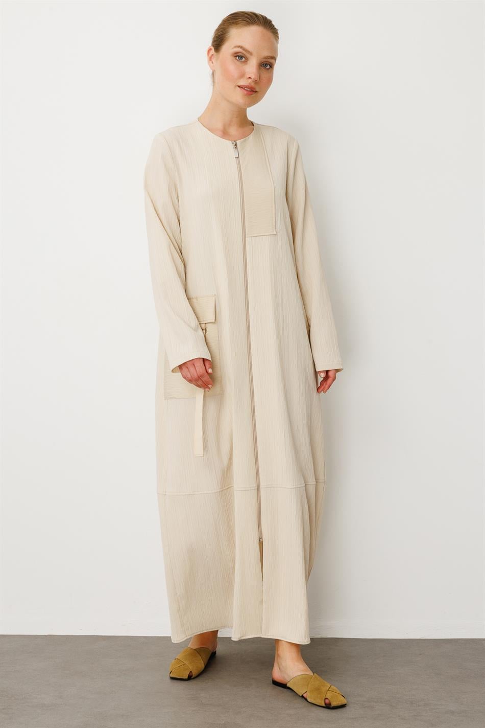 Poly - Cupra Garni Gedetailleerde Sport Tijdloze Abaya Jas - Beige