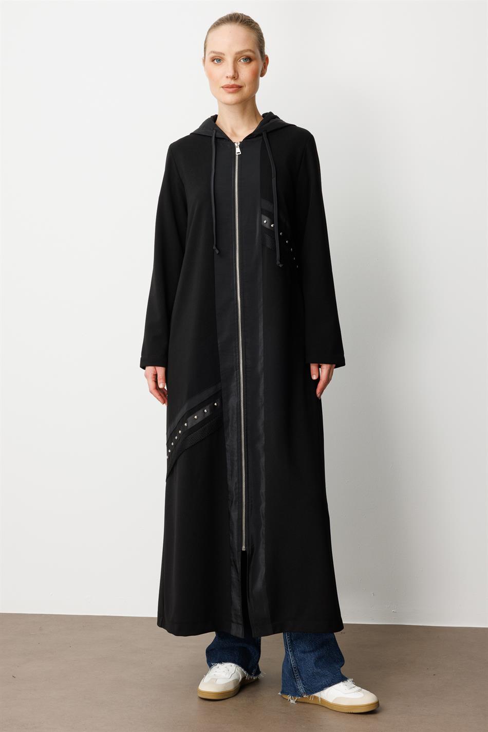 Saisonale Trenchcoat/Jacke aus Poly-Cupra-Crêpe mit Mesh-Details – Schwarz