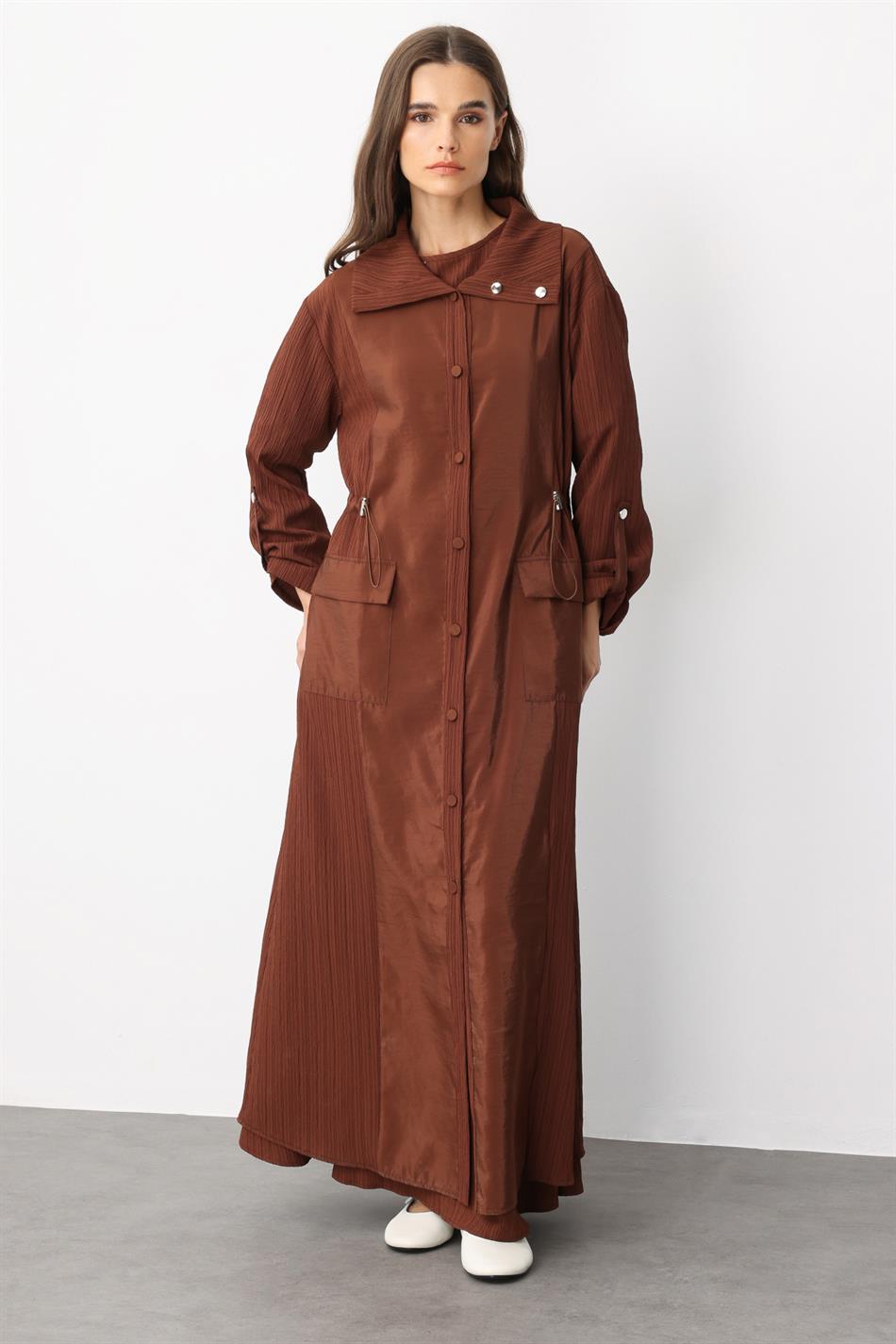 Poly/Cupra Front Body Special Woven Fabric Sporty Abaya-Brown