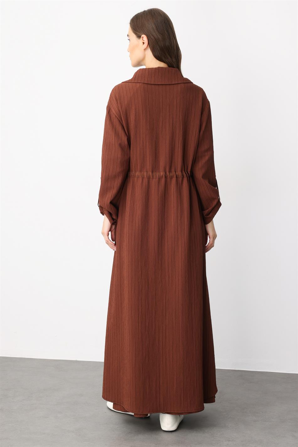Poly/Cupra Front Body Special Woven Fabric Sporty Abaya-Brown