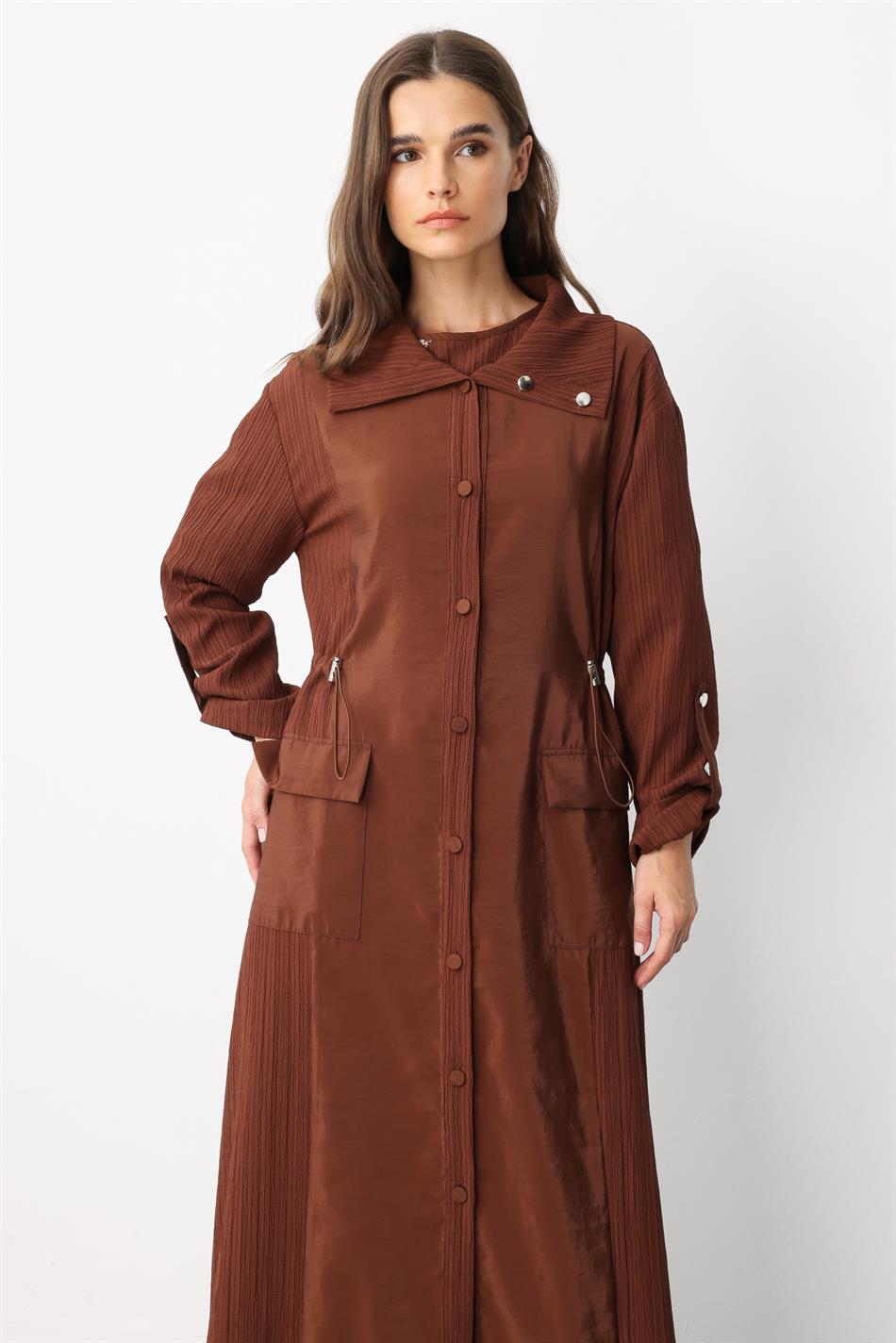 Poly/Cupra Front Body Special Woven Fabric Sporty Abaya-Brown