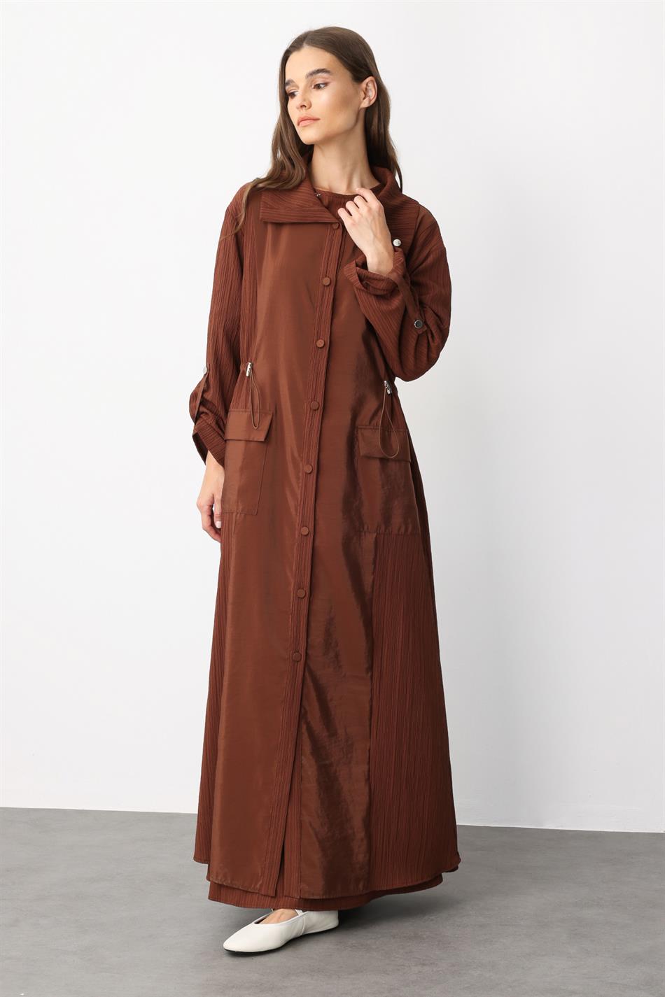 Poly/Cupra Front Body Special Woven Fabric Sporty Abaya-Brown