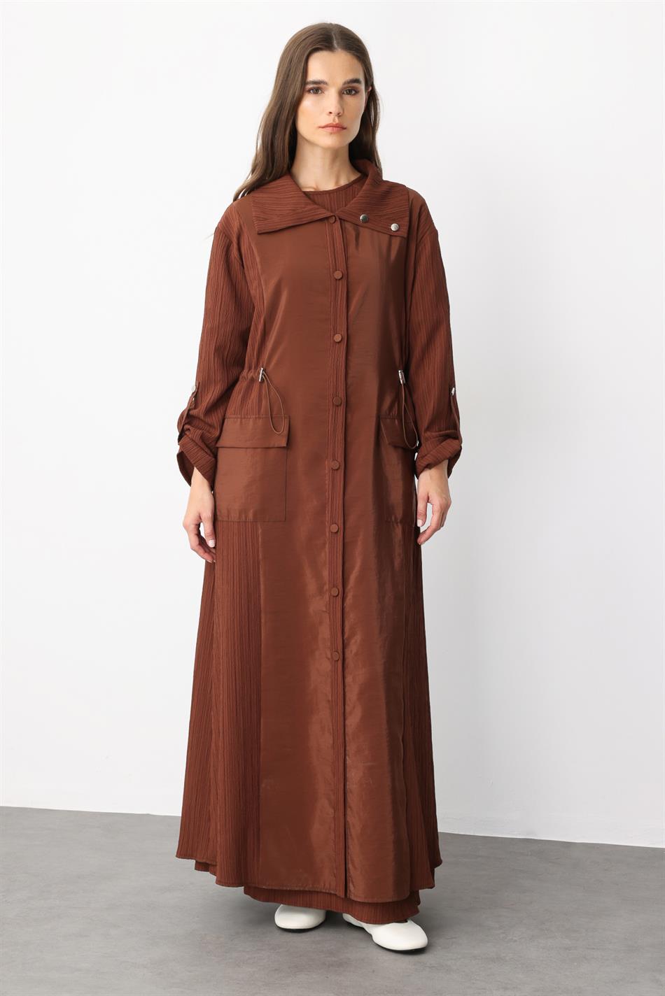 Poly/Cupra Front Body Special Woven Fabric Sporty Abaya-Brown