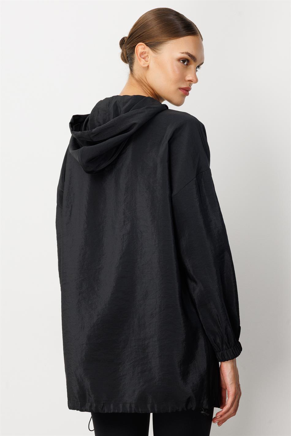 Poly Cupra Sport Orta Uzunluqlu Çanta Örtən Yaylı Trench Palto - Qara