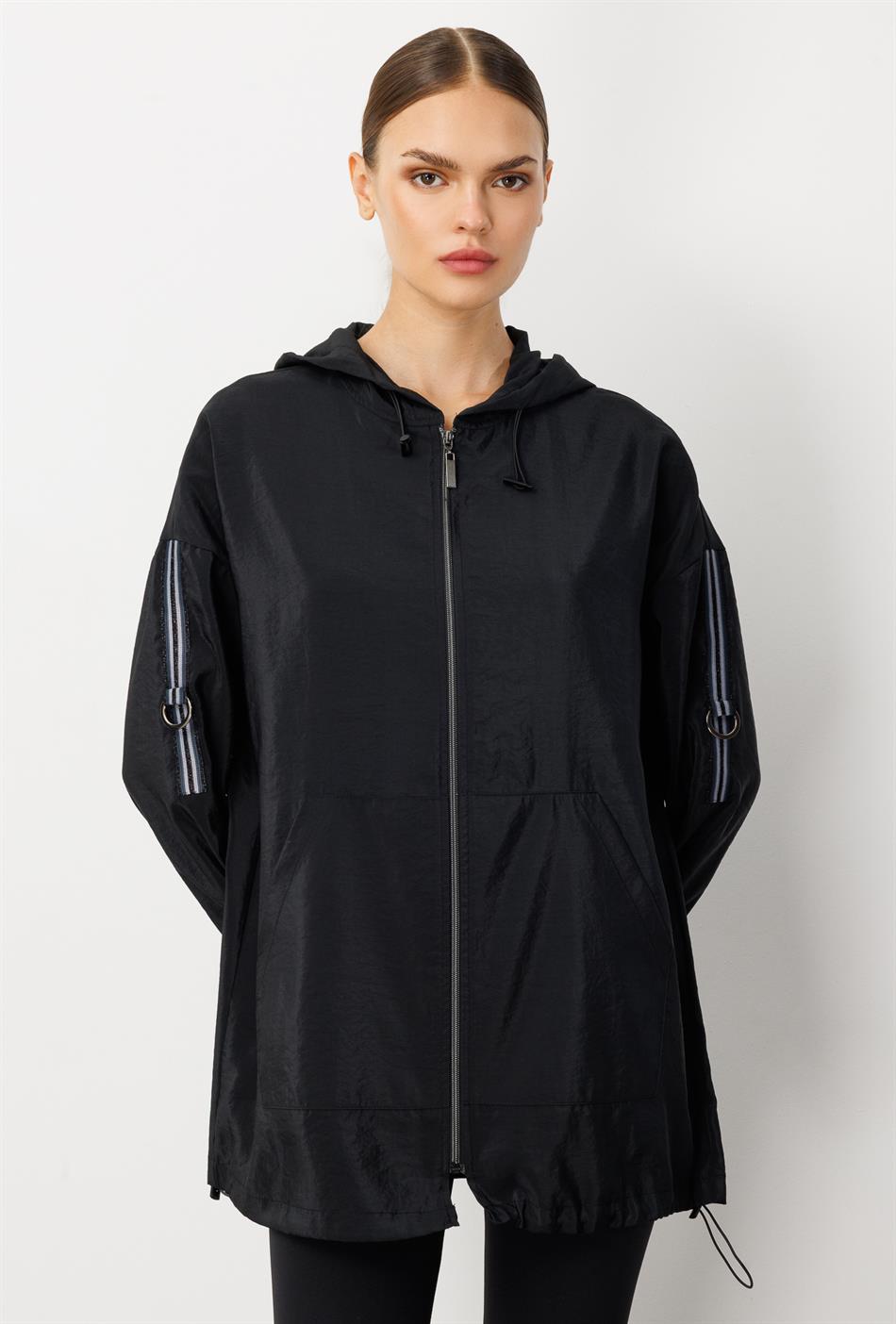 Poly Cupra Sport Orta Uzunluqlu Çanta Örtən Yaylı Trench Palto - Qara