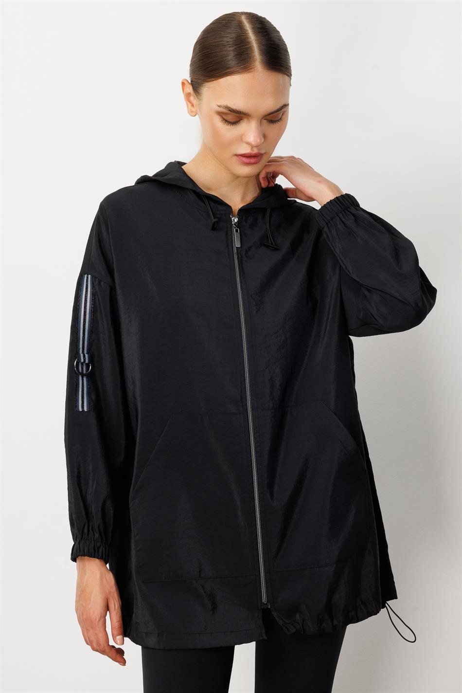 Poly Cupra Sport Orta Uzunluqlu Çanta Örtən Yaylı Trench Palto - Qara