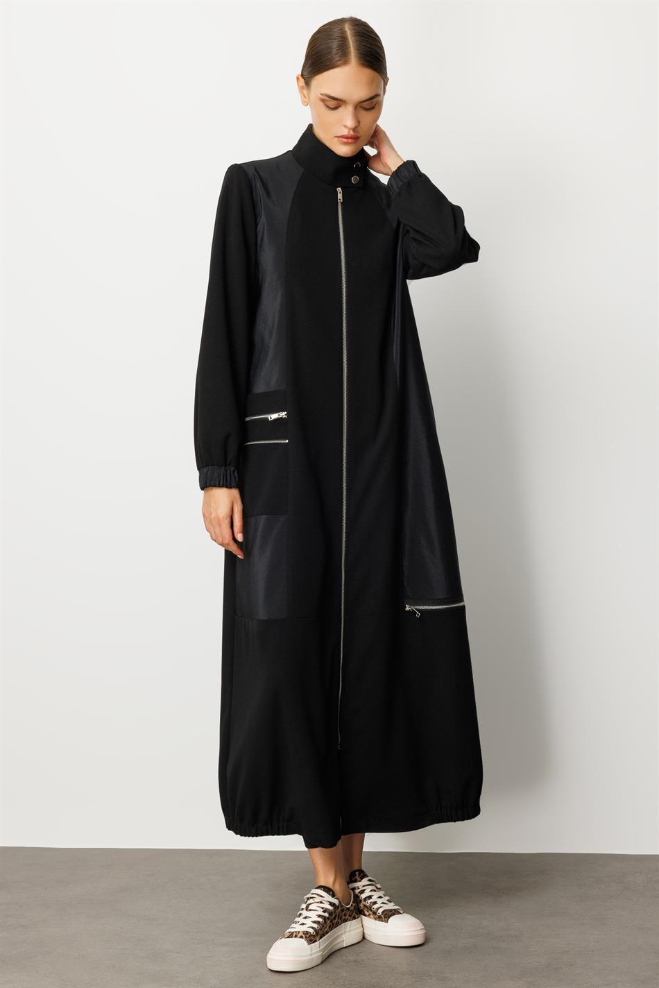 Poly Cupra and Crepe Fabric Mix, Fully Lined Interior, Long-Lasting Seasonal Trench Coat - Black