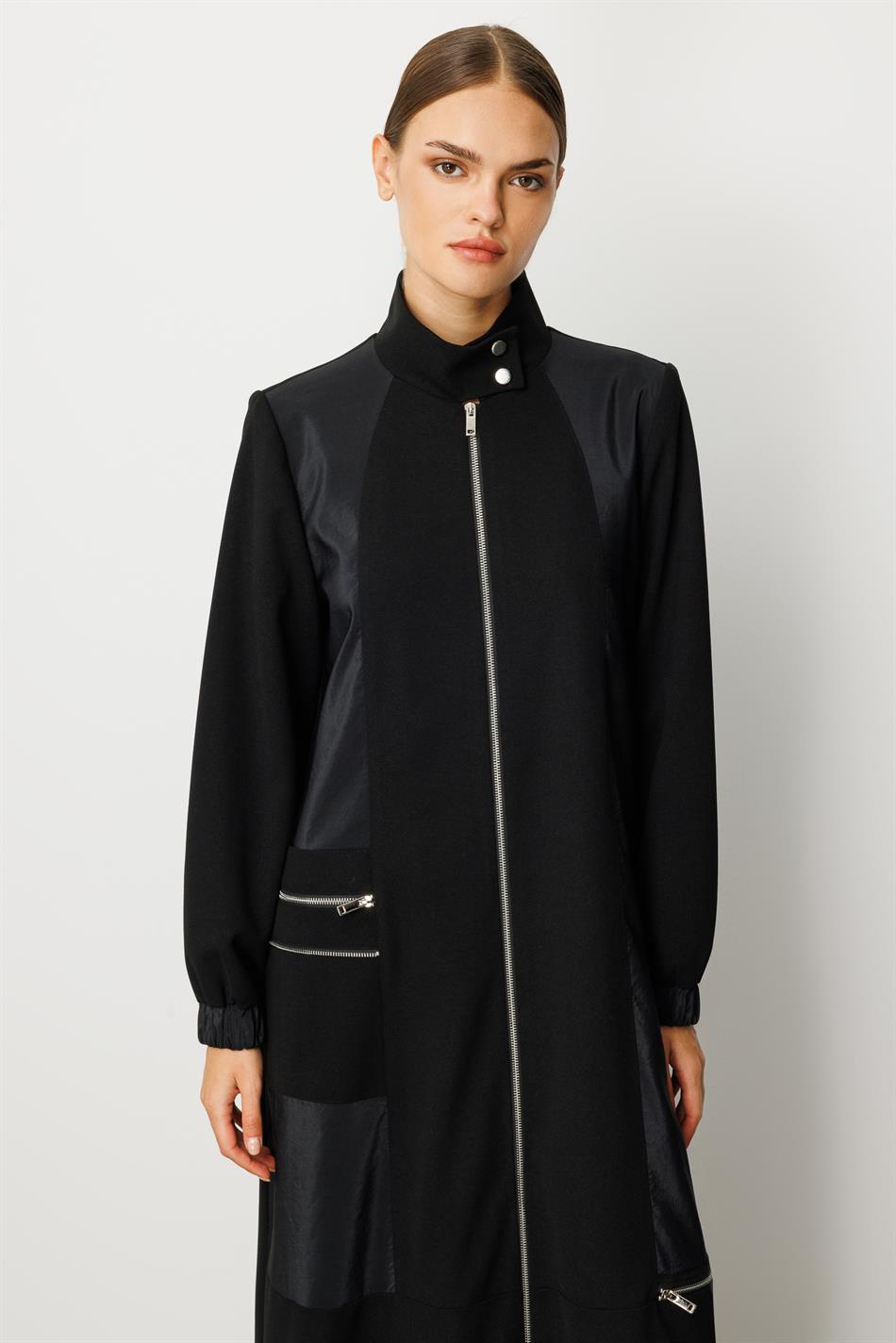 Poly Cupra and Crepe Fabric Mix, Fully Lined Interior, Long-Lasting Seasonal Trench Coat - Black