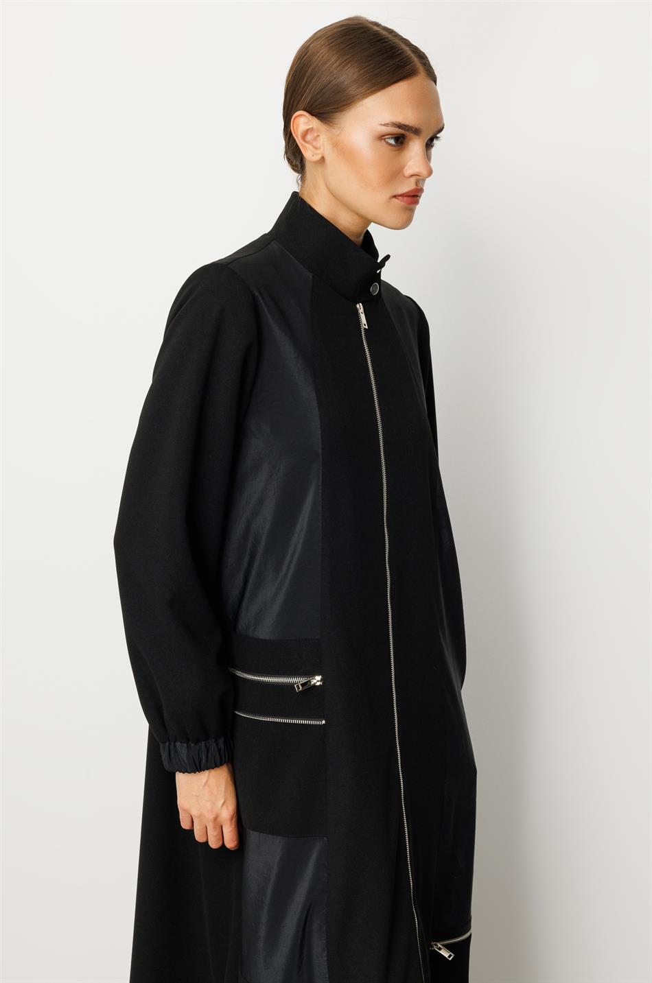 Poly Cupra and Crepe Fabric Mix, Fully Lined Interior, Long-Lasting Seasonal Trench Coat - Black