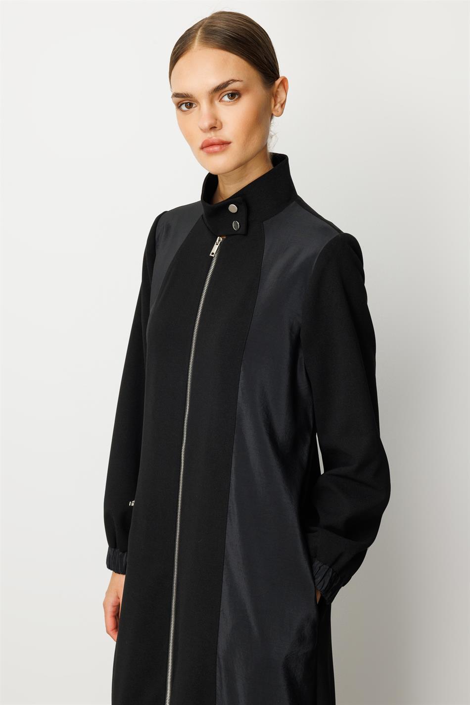 Poly Cupra and Crepe Fabric Mix, Fully Lined Interior, Long-Lasting Seasonal Trench Coat - Black