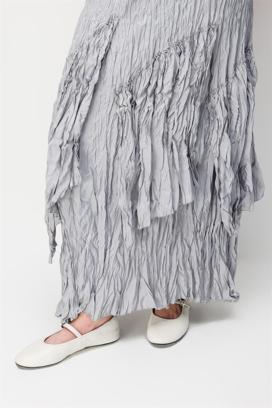 Poly/Cupra Komple Kraş Pilise Detaylı  Beli Lastikli Zamansız Etek-Gri