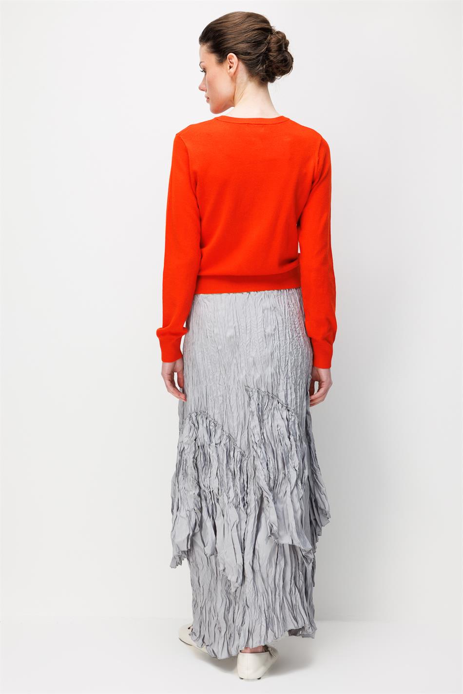 Poly/Cupra Komple Kraş Pilise Detaylı  Beli Lastikli Zamansız Etek-Gri