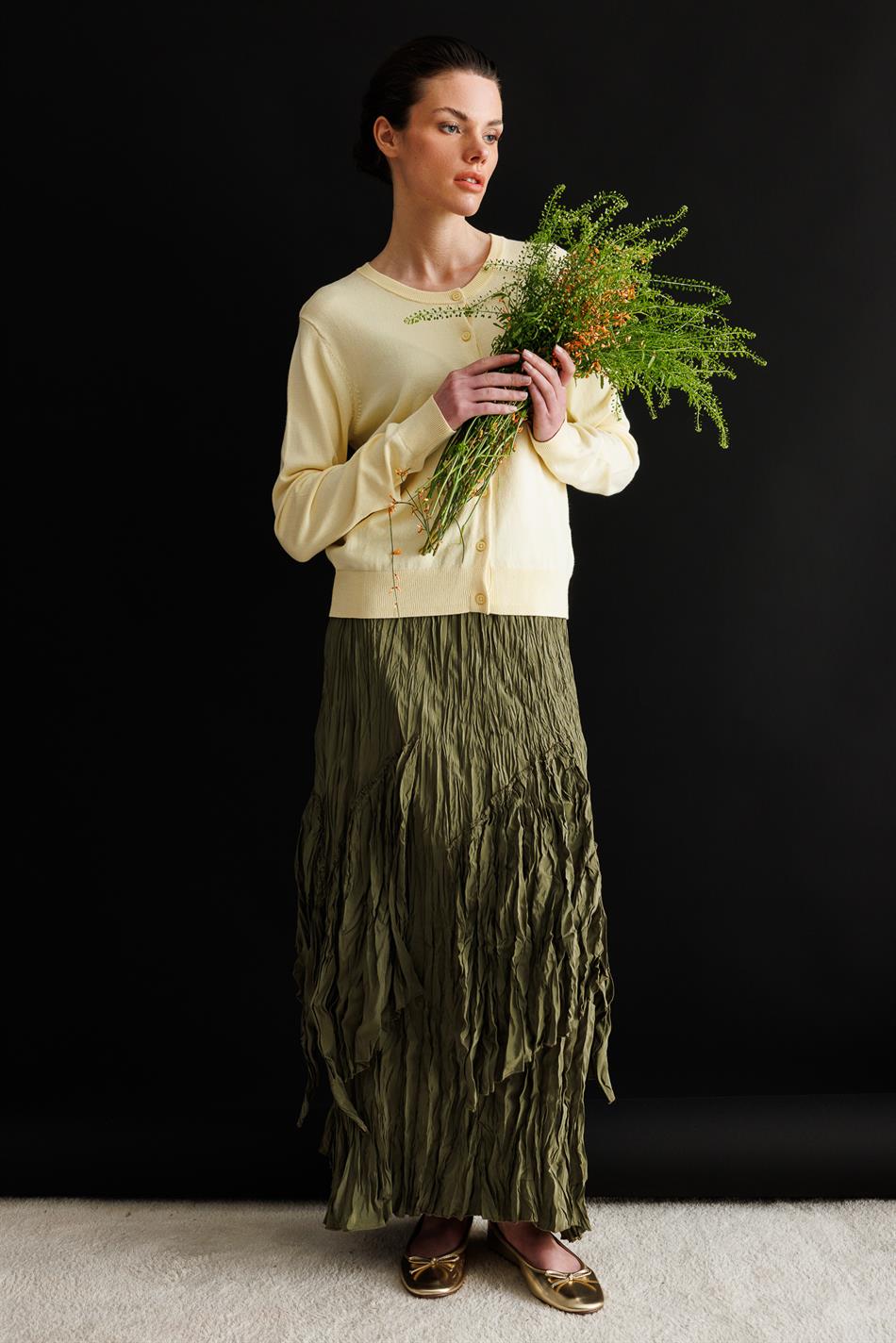 Poly/Cupra Komple Kraş Pilise Detaylı  Beli Lastikli Zamansız Etek-Haki