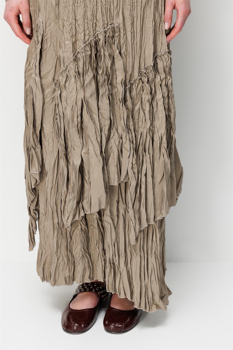 Poly/Cupra Komple Kraş Pilise Detaylı  Beli Lastikli Zamansız Etek-Taş