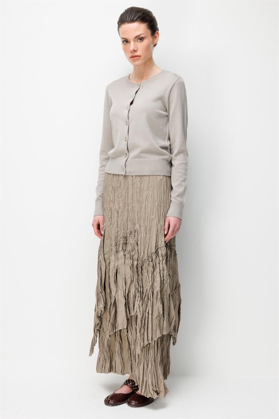 Poly/Cupra Komple Kraş Pilise Detaylı  Beli Lastikli Zamansız Etek-Taş