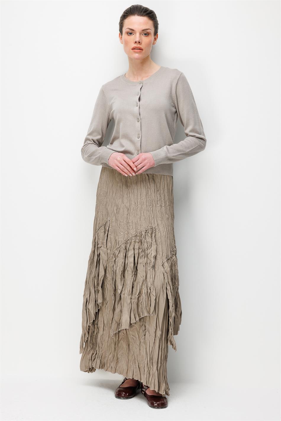 Poly/Cupra Komple Kraş Pilise Detaylı  Beli Lastikli Zamansız Etek-Taş