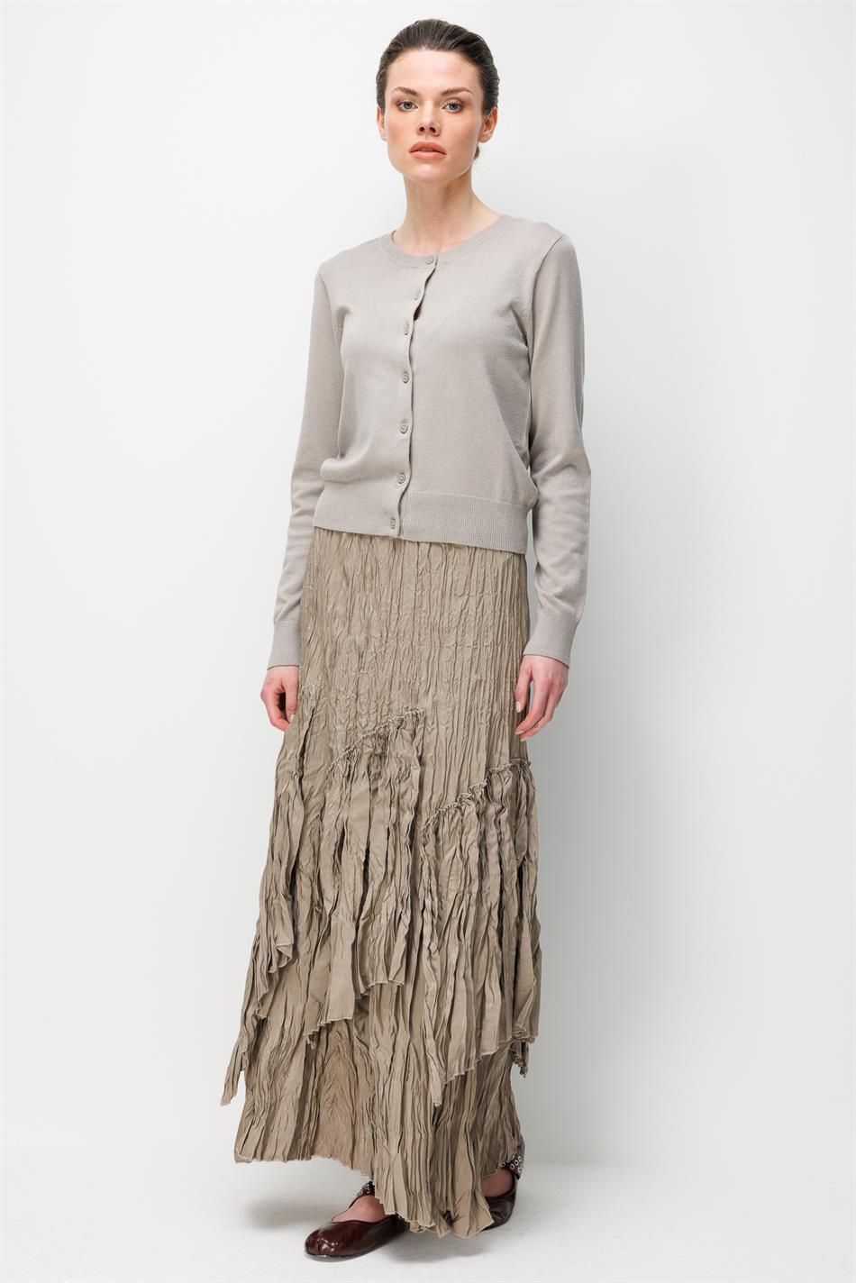 Poly/Cupra Komple Kraş Pilise Detaylı  Beli Lastikli Zamansız Etek-Taş