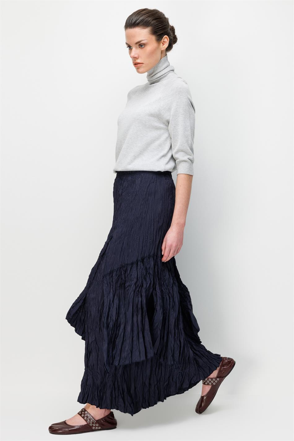 Poly/Cupra Komple Kraş Pilise Detaylı  Beli Lastikli Zamansız Etek-Laci