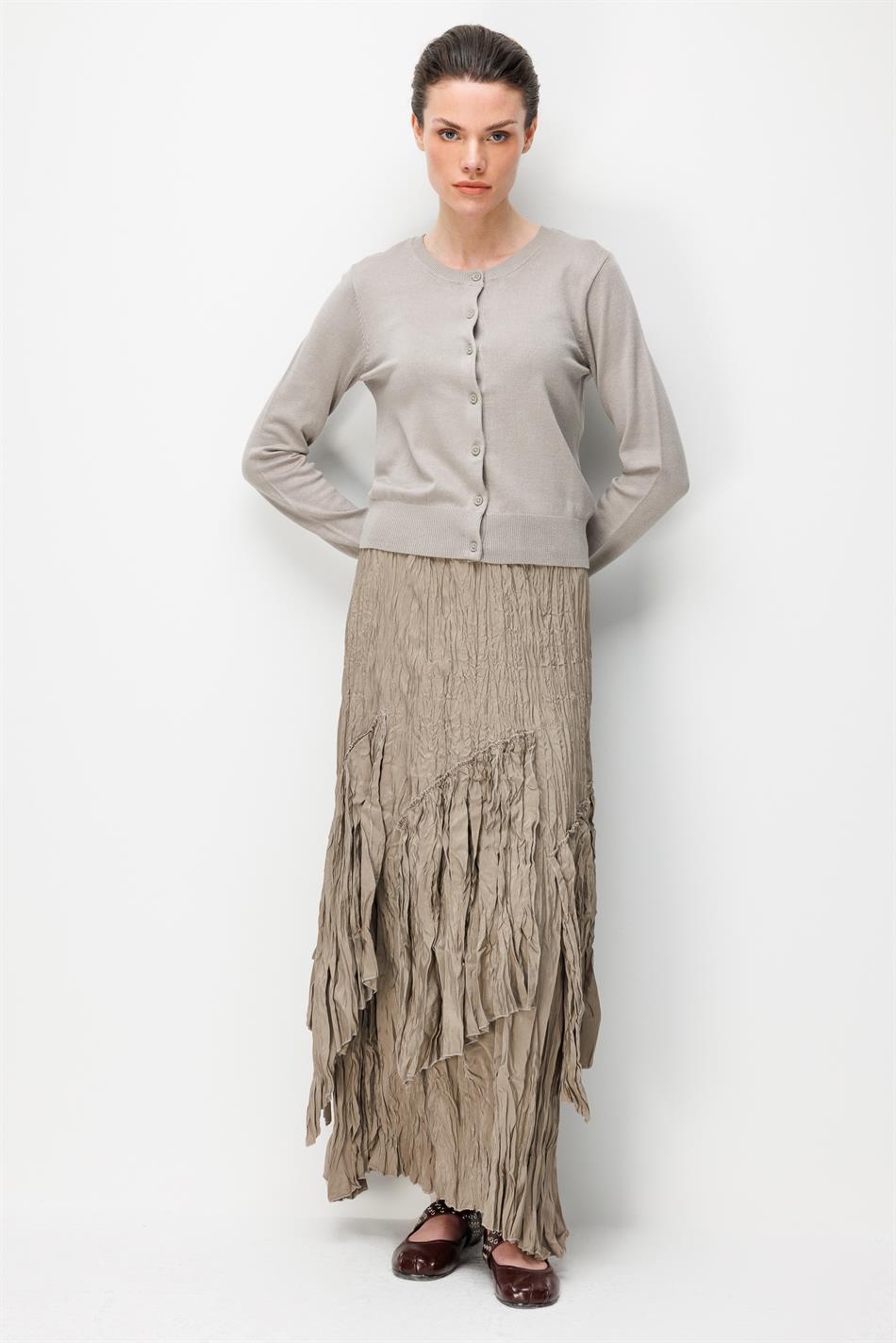 Poly/Cupra Komple Kraş Pilise Detaylı  Beli Lastikli Zamansız Etek-Taş