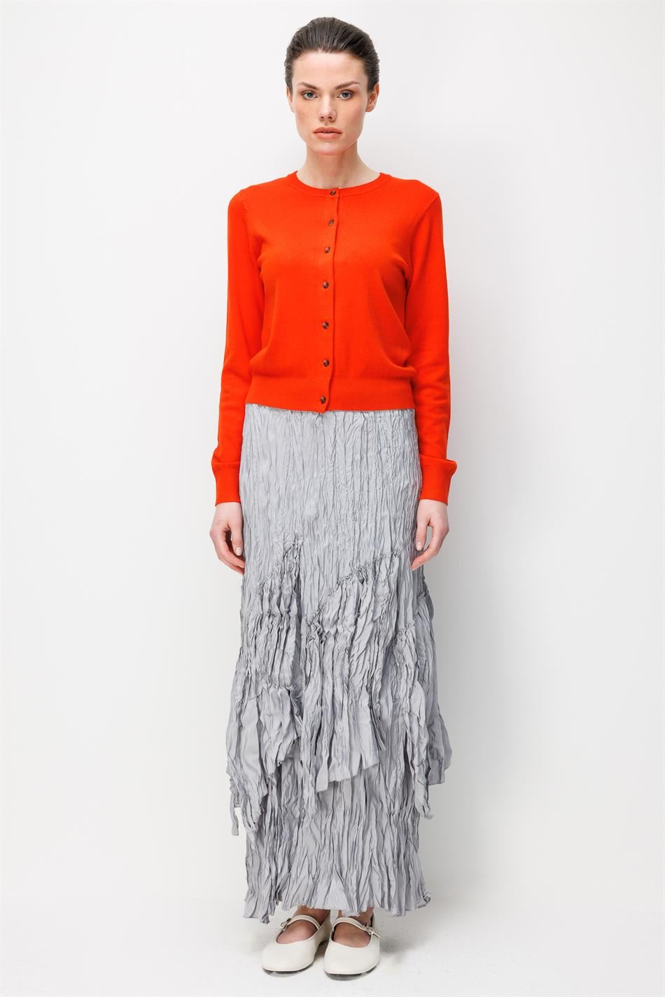 Poly/Cupra Komple Kraş Pilise Detaylı  Beli Lastikli Zamansız Etek-Gri