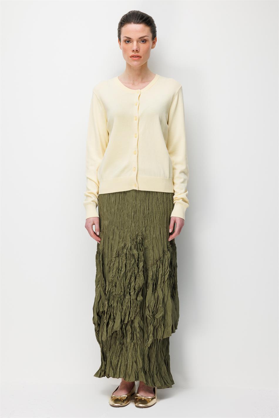 Poly/Cupra Komple Kraş Pilise Detaylı  Beli Lastikli Zamansız Etek-Haki