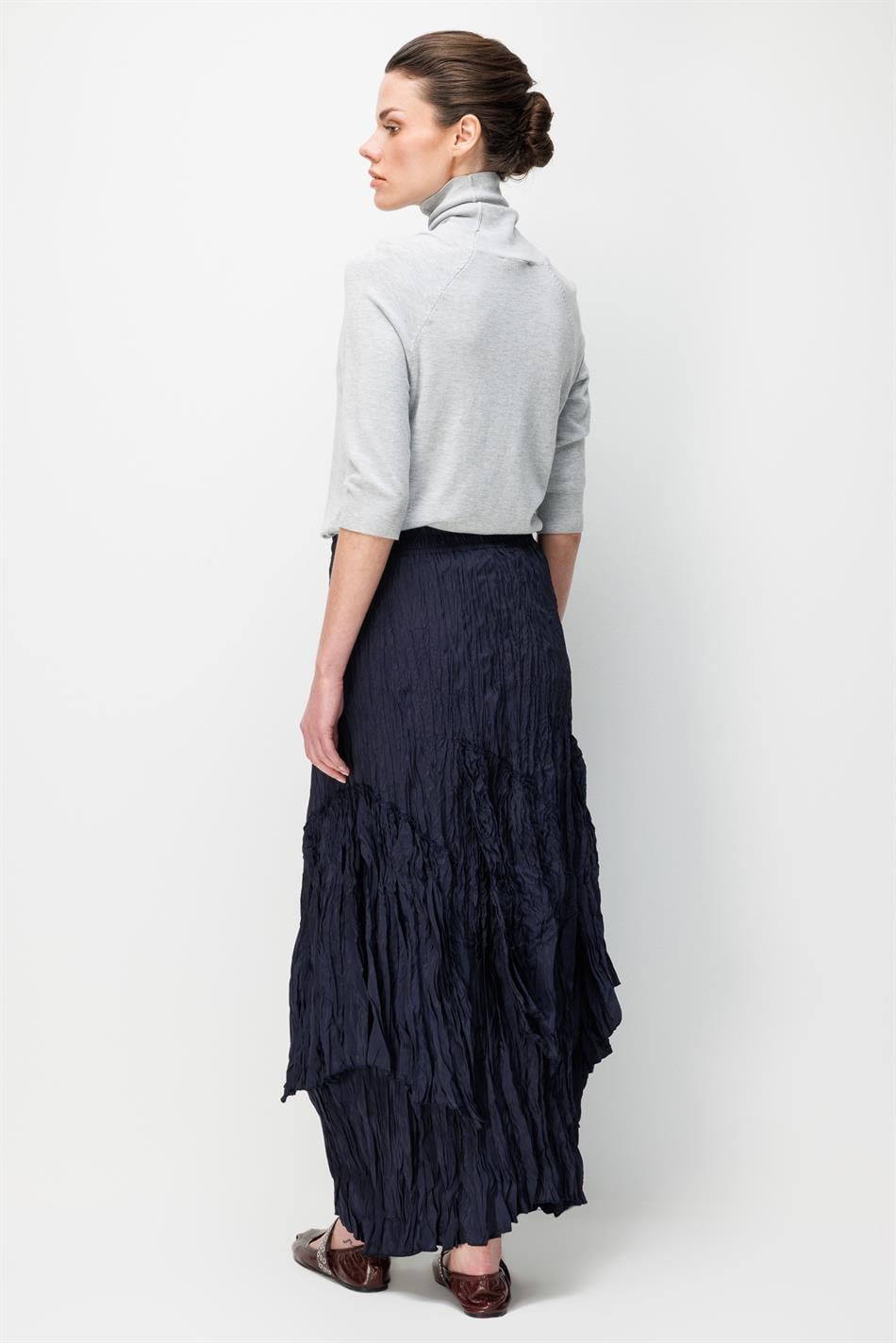 Poly/Cupra Komple Kraş Pilise Detaylı  Beli Lastikli Zamansız Etek-Laci