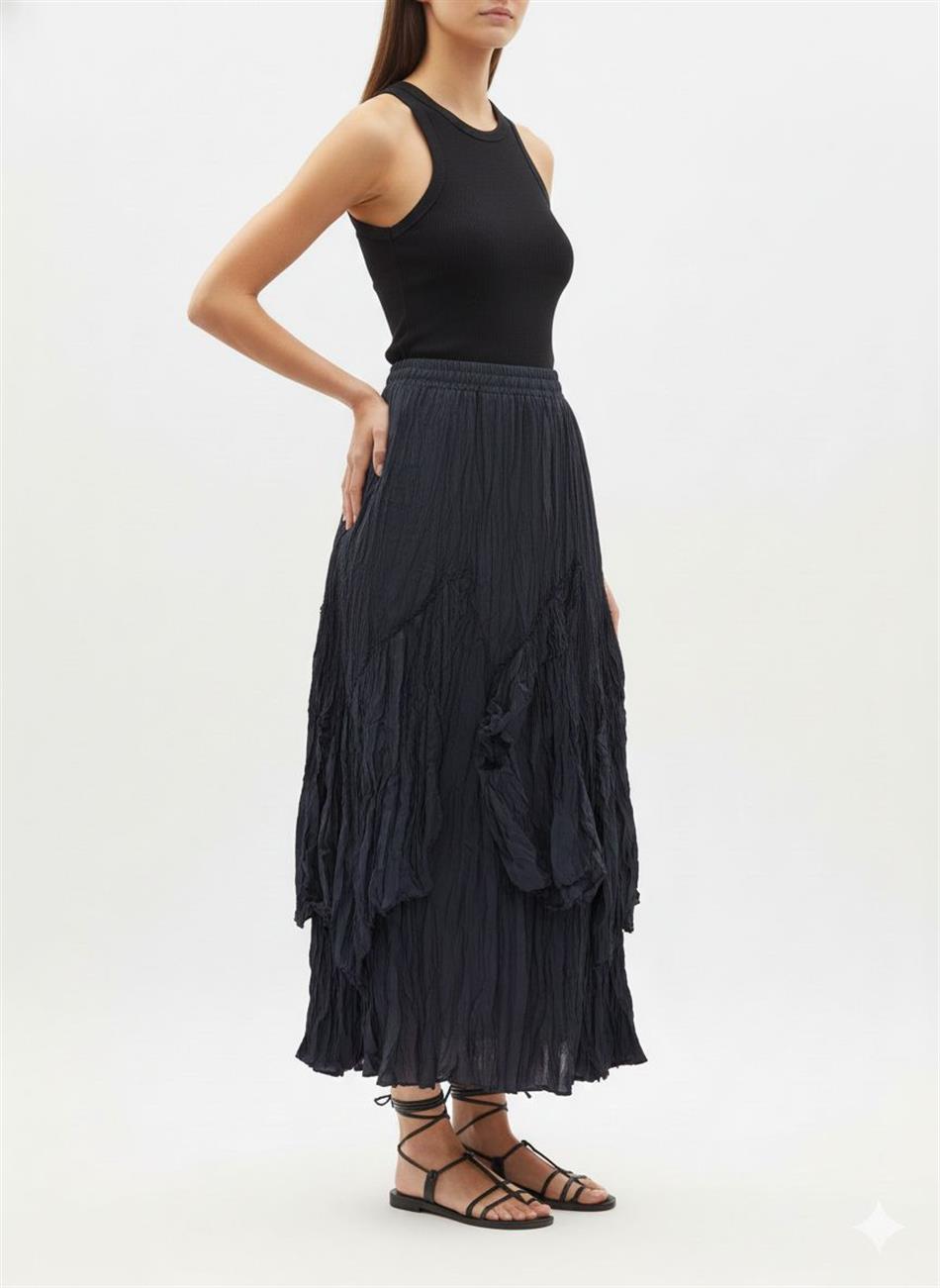 Poly/Cupra Komple Kraş Pilise Detaylı  Beli Lastikli Zamansız Etek-K.LACİ