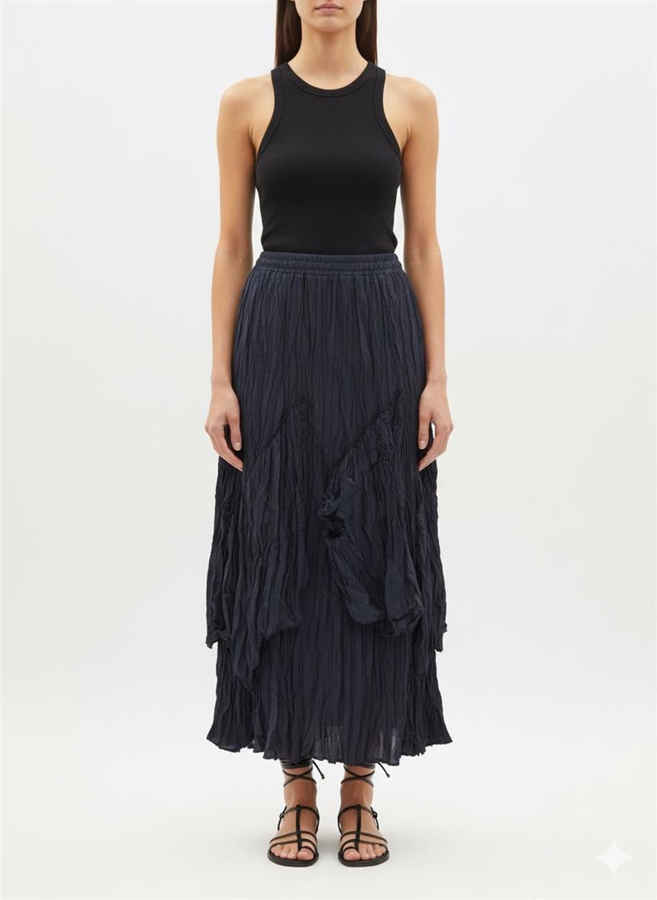 Poly/Cupra Komple Kraş Pilise Detaylı  Beli Lastikli Zamansız Etek-K.LACİ