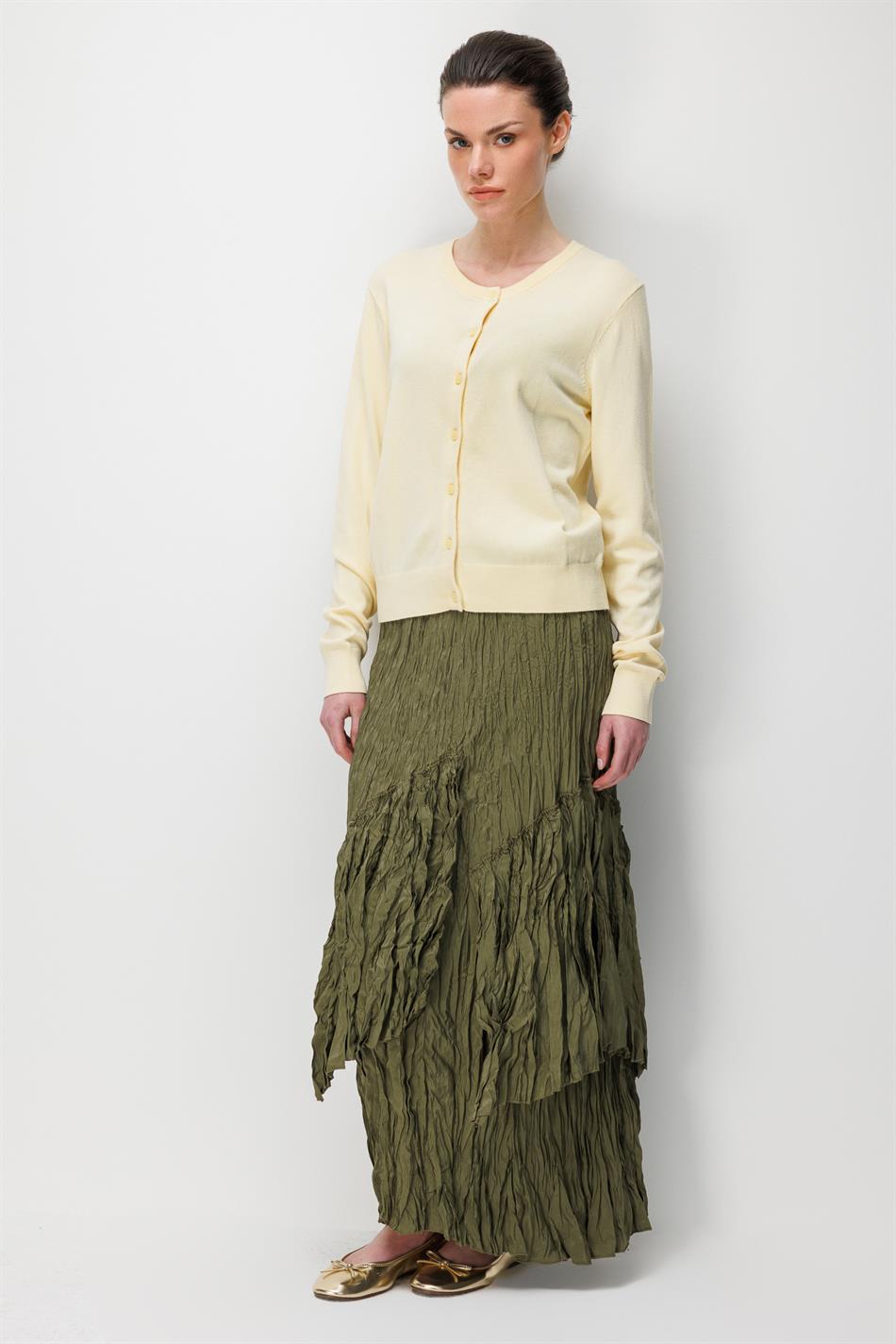 Poly/Cupra Komple Kraş Pilise Detaylı  Beli Lastikli Zamansız Etek-Haki