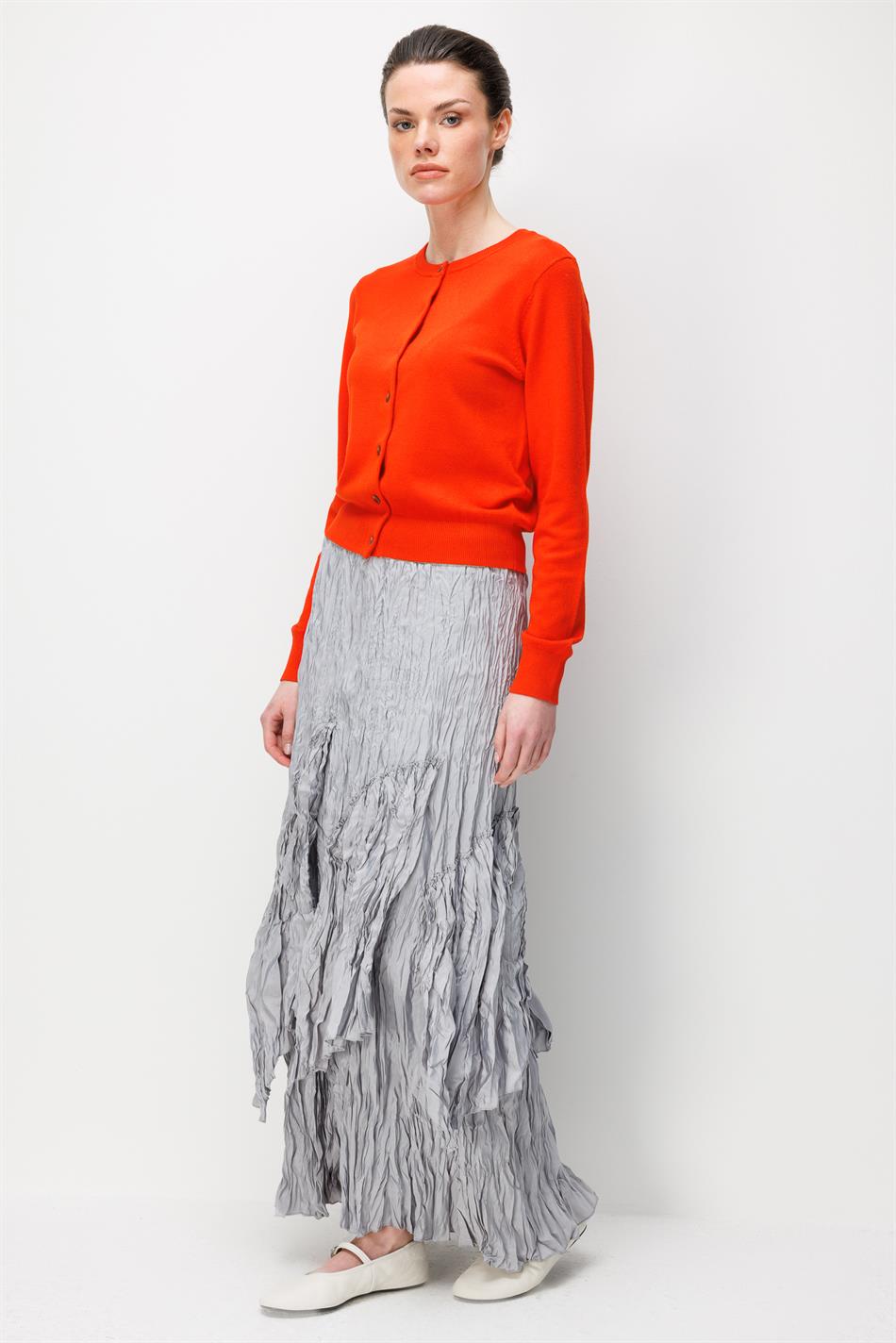 Poly/Cupra Komple Kraş Pilise Detaylı  Beli Lastikli Zamansız Etek-Gri